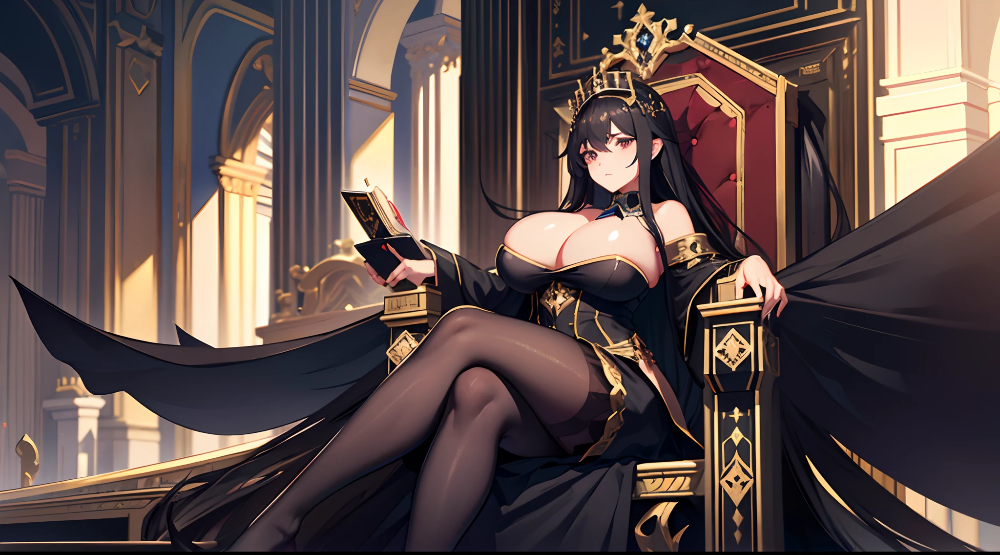 Solo,Lady sitting,(gigantic breasts:1.5),Grim expression,Long black hair,Black colored eyes,Black pantyhose,No shoes,Black royal robes,sitting on an royal throne,Below the eyelids,Bottom-up view,royal palace interior
