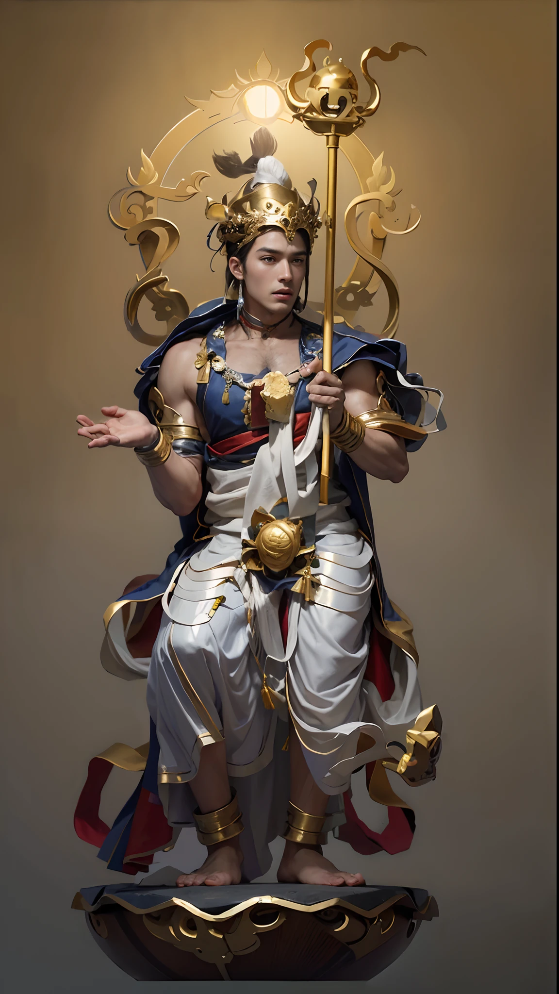 Handsome man, mythical character,(((com um rosto quadrado))),nobles,The king,One meter nine,small heads,long leges,Tall guy,com um rosto quadrado,Strong facial muscles,Orlando Bloom,Basketball player body proportions,Roman model,European people,looking toward the viewer,Blue pupil,The body is well-proportioned,Long legs,Straight back,Fitness trainer,Movie stars are glamorous,(((Heads-up))),Handsome,Westerners,muscular face,Muscular body,Perfect proportions,The muscles have expressions in both eyes,King Yan Luo stared ahead,(((Golden lotus throne))),The man wears a white shirt,(((Ancient Roman clothing))),silkouette,White yarn,There are muscles,(((Ancient Roman white clothes))),Shirtless,,(((Head background with round light))),(((Behind it is the sun))),(((The man emits a bright and dazzling light))),King Yan took away the metal weapon,Take the Skeleton Staff as an example,Barefoot on both feet,Step on the nasturtium,photorealestic,professional photoshooting,Realiy,超高分辨率,tmasterpiece,