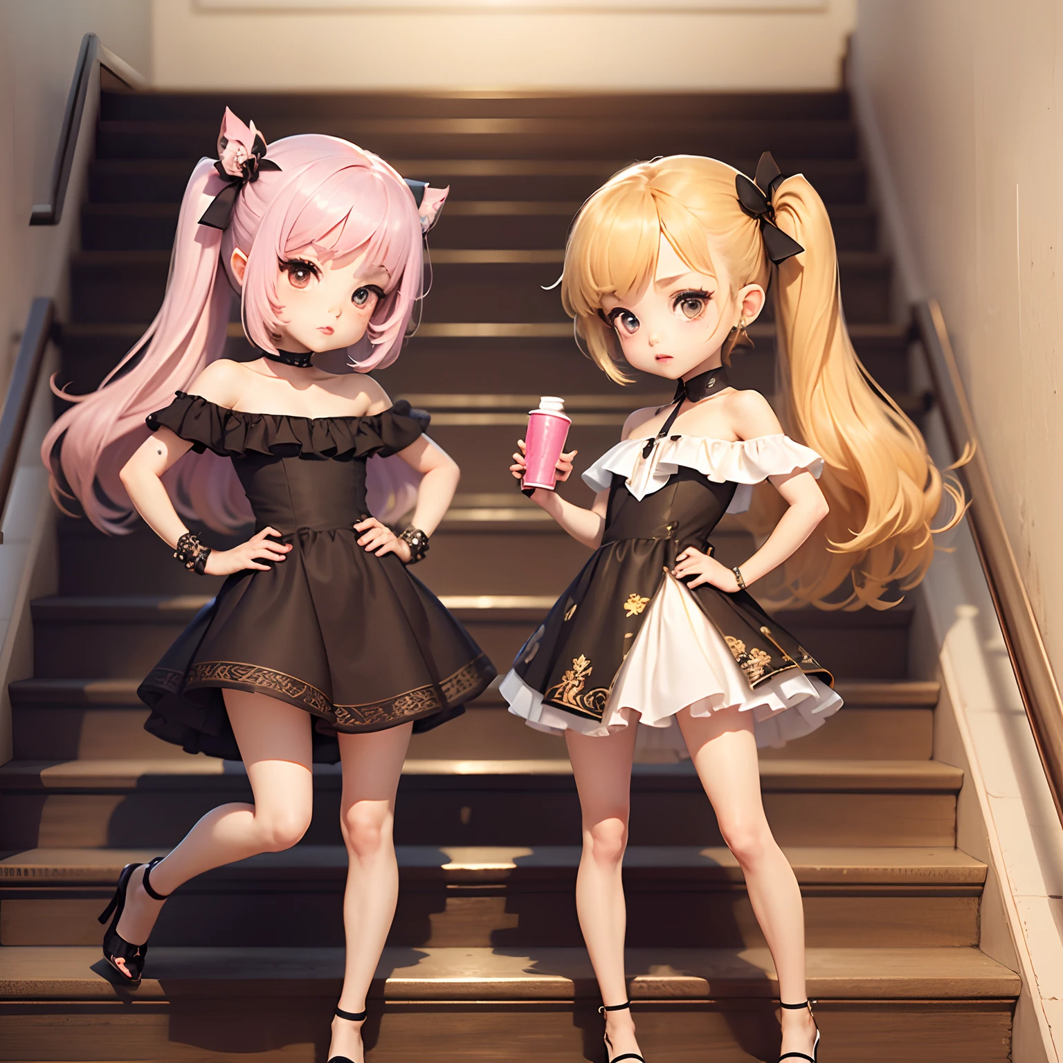 (chibi anime:1.3),(Best Quality) (Master Price)、Sauvage Hair、(Brown Jasper Pattern Off Shoulder Dress:1.4)、Put one hand on your hip、Stand with your legs open、high-heels、Shoulder bag、long stairs、a small face)