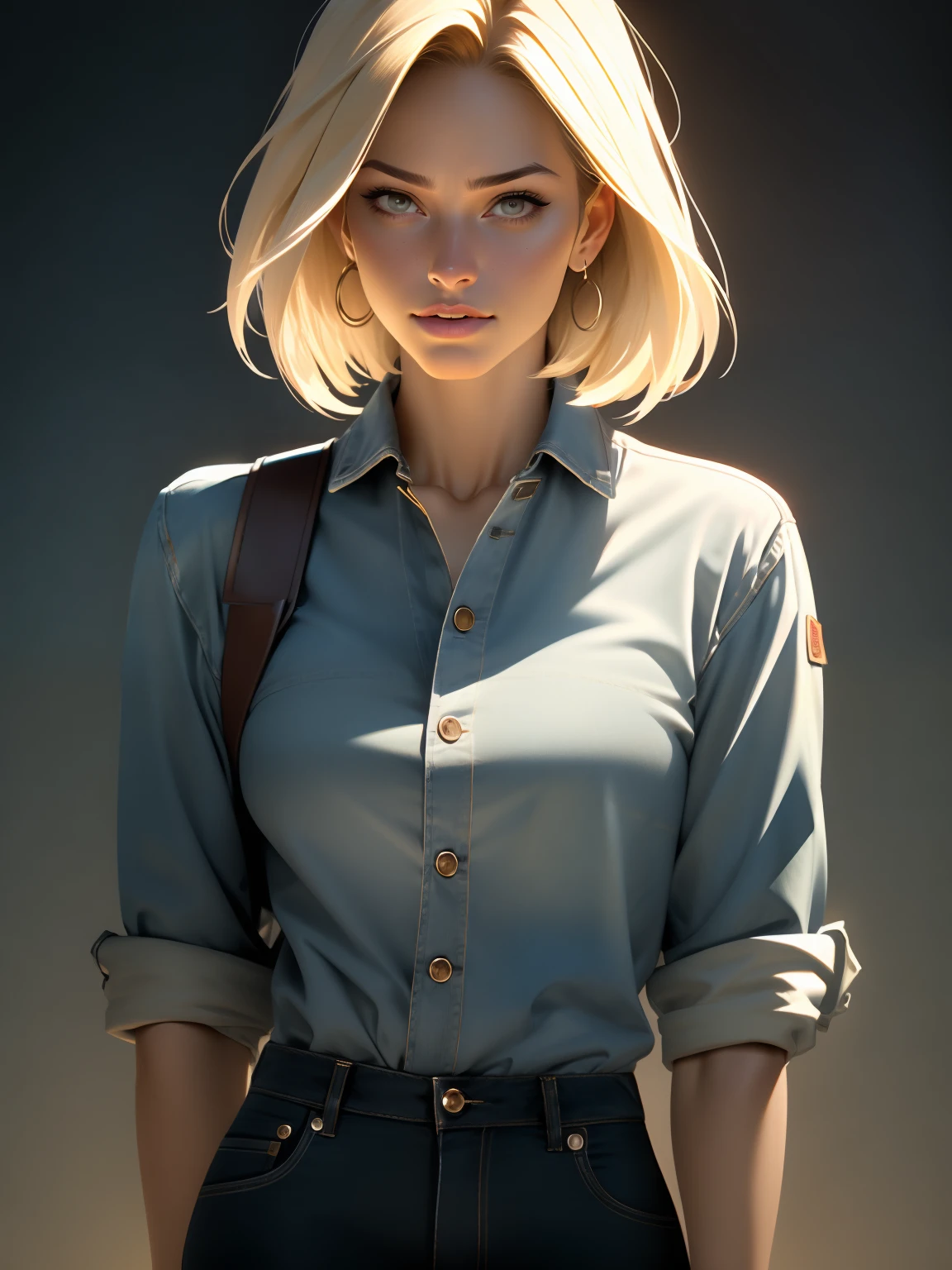 (1girl:1.4), (sfw), (clothed), (masterpiece), illustration,(realistic:1.5), (specular lighting:1.4), (hyperrealistic:1.2), (photorealistic face:1.2), (perfect face), (best quality), (8k), (4k), photorealistic, sharp focus, octane render, best quality, extremely detailed, intricate, hyper detailed, fantasy, soft lighting,(medium breasts:1.4), (skindentation:1.3), android 18 from Dragon Ball, looking down at viewer, after a fight, torn clothes, Android 18, jeans, denim jacket, striped shirt, perfect hands, excited face, excited to fight, short blonde bob haircut.