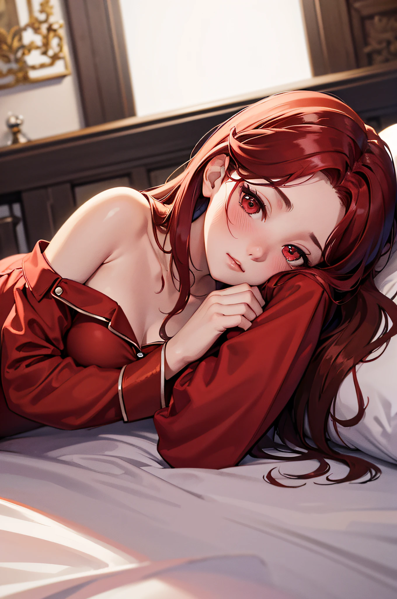 Red long hair, Grey eyes, Tolerable, Masterpiece, Best Quality, high resolucion;,detail enhancement,best qualtiy,perfect image quality,Beautiful and sexy, One-person viewpoint, Small moles under the eyes , prety, large full breasts, perfect hand, perfect body figure, 8K, 흥분한, Liquid flow, Fluids, Big breasts, pure white skin, Heavy makeup, Sneering, naked, Undressed, naked, nipplestits, pectorals, female pubic hair, 흥분한, indoor room, laying in bed, Looking up, Sneering Smile