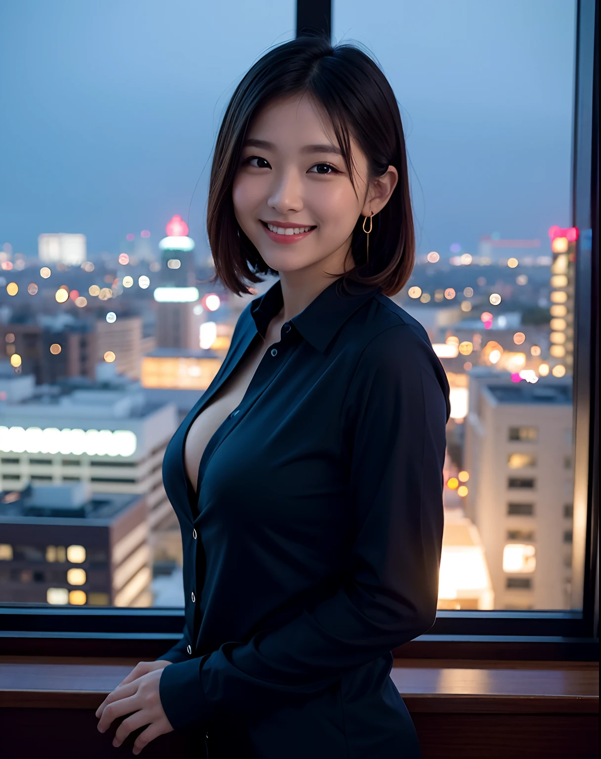 Navy knitted shirt、Japan Women, 25-years old、top-quality, hight resolution, 8K, 1girl in, Medium chest、cleavage of the breast、Beautiful hotel with night view、Window with night view、 a gorgeous, (Medium Hair),  earring beautiful, (dynamicposes:0.8), (The upper part of the body:1.2), Soft lighting、shinny skin、looking at the viewers、Happy smile