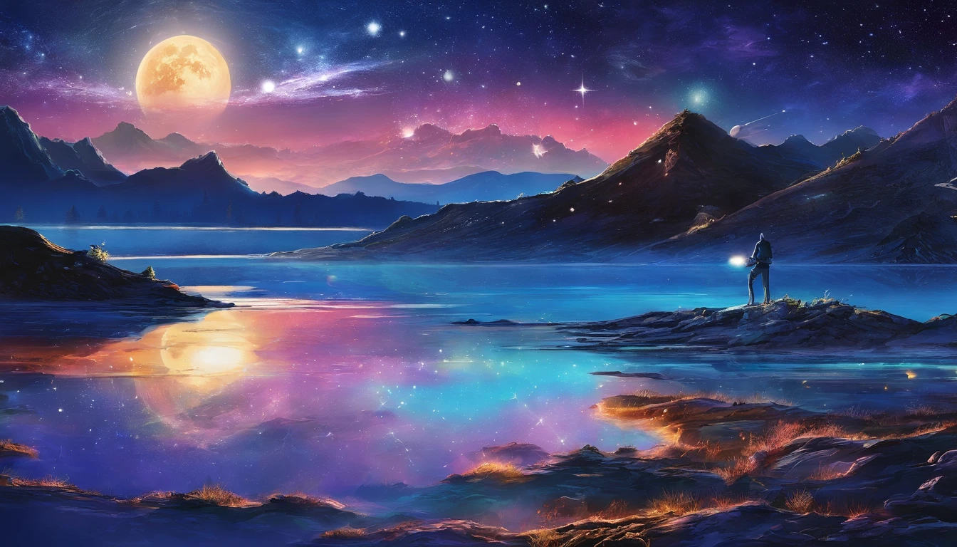 (masterpiece:1.2),detailed moon,detailed earth,night scene,serene atmosphere,lunar surface,tranquil ocean,natural landscape,reflection of moonlight on the water,satellites orbiting earth,stars shining brightly,celestial bodies in the sky,cosmic wonders,gentle waves,stellar beauty,distant galaxies,magnificent universe,awe-inspiring view,astronomical phenomena,deep space,mysterious darkness,quiet solitude,harmony,peaceful exploration of the unknown,lunar exploration mission,moon landing,unforgettable experience,outer space adventure,scientific discovery,wonder of nature,astronomy marvels,cosmic serenity,starlight romance,watercolor illustration,photo-realistic art,moonlit dreams,ethereal landscape,vivid colors,hypnotic beauty,painting-like imagery,impressive clarity,soft glow,dream-like quality,glittering stars,celestial ambiance