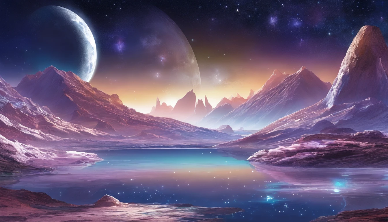 (masterpiece:1.2),detailed moon,detailed earth,night scene,serene atmosphere,lunar surface,tranquil ocean,natural landscape,reflection of moonlight on the water,satellites orbiting earth,stars shining brightly,celestial bodies in the sky,cosmic wonders,gentle waves,stellar beauty,distant galaxies,magnificent universe,awe-inspiring view,astronomical phenomena,deep space,mysterious darkness,quiet solitude,harmony,peaceful exploration of the unknown,lunar exploration mission,moon landing,unforgettable experience,outer space adventure,scientific discovery,wonder of nature,astronomy marvels,cosmic serenity,starlight romance,watercolor illustration,photo-realistic art,moonlit dreams,ethereal landscape,vivid colors,hypnotic beauty,painting-like imagery,impressive clarity,soft glow,dream-like quality,glittering stars,celestial ambiance