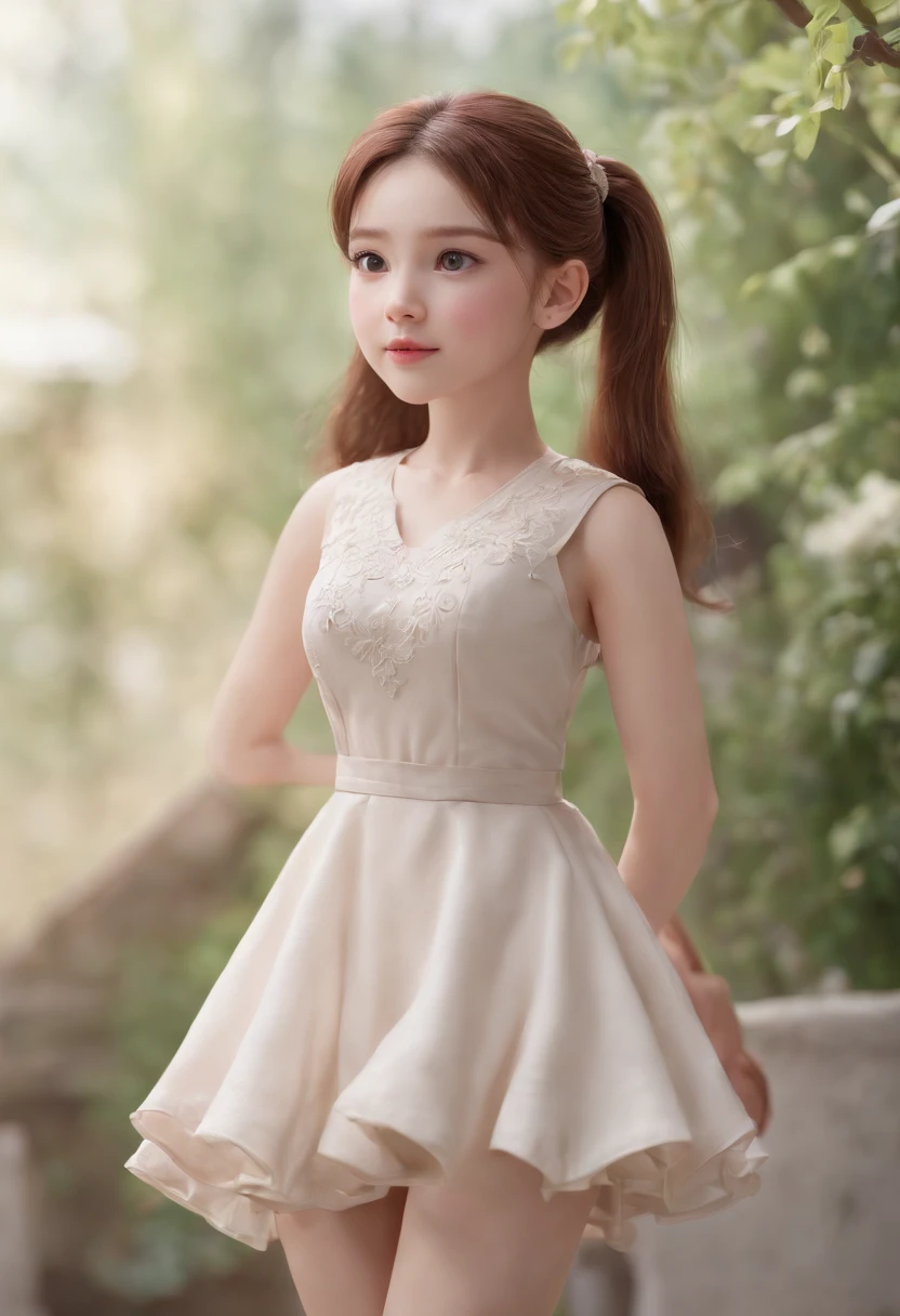 a drawing of a girl with a ponytail and a dress, Cute 3d rendering, Cute detailed digital art, Mini cute girl, Cute digital painting, 3D rendering stylized, adorable digital art, Cute rendered 3D anime girl, small curvaceous loli, Cute! C4D, Single character full body, Stand on a white base
