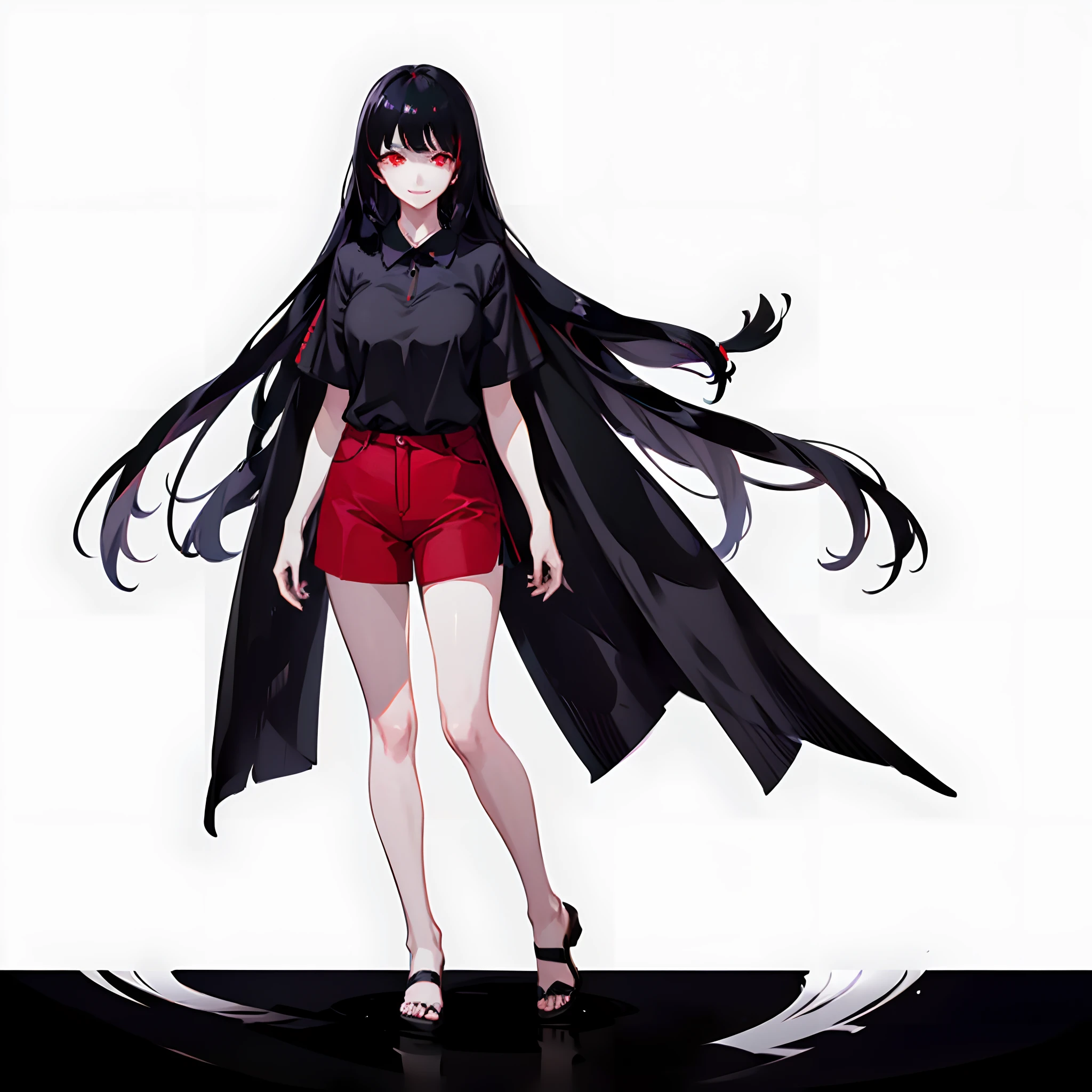 1girl, long black hair, bangs, red eyes, wearing plain black short sleeve shirt, wearing sandals, smiling, shorts, high res, ultrasharp, 8K, masterpiece, looking at viewer