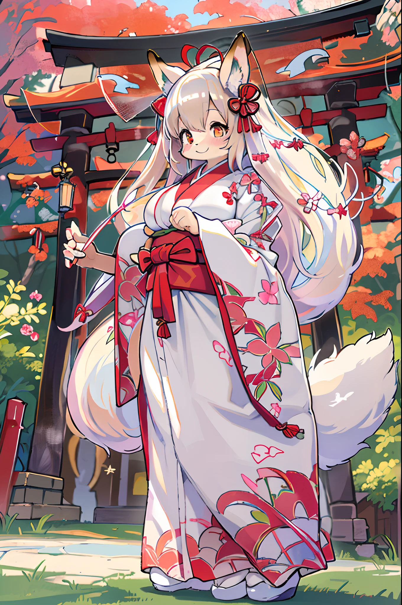 Fox Woman、body covered with fur、huge-breasted、kawaii、shrine maiden、Japan white clothes,Red Hakama、torii gate,summer day、From below、Wide Shot、A big smile、bbw、thick thight、big butts、Ultramammy,Chibi,Nanachi