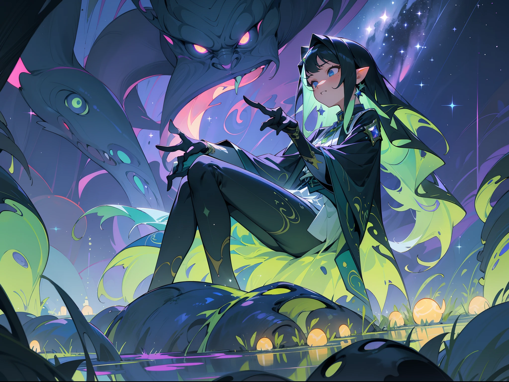 tmasterpiece,Best quality at best,highly details, Ultra-detailed 8K, 超高分辨率,kosmos,starlights,Huge algae,Cthulhu,tentaculata,starrysky,black hole,Bask in starlight,perfect compositions,Black and blue-violet,Full body view