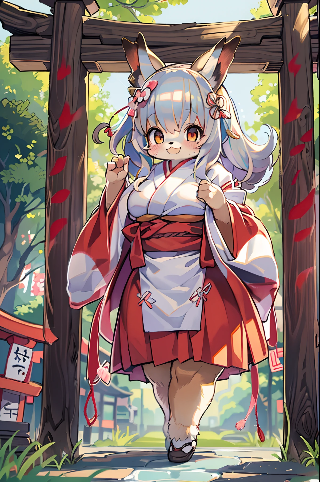 Fox Woman、body covered with fur、huge-breasted、kawaii、shrine maiden、Japan white clothes,Red Hakama、torii gate,summer day、From below、Wide Shot、A big smile、bbw、thick thight、big butts、Ultramammy,Chibi,Nanachi