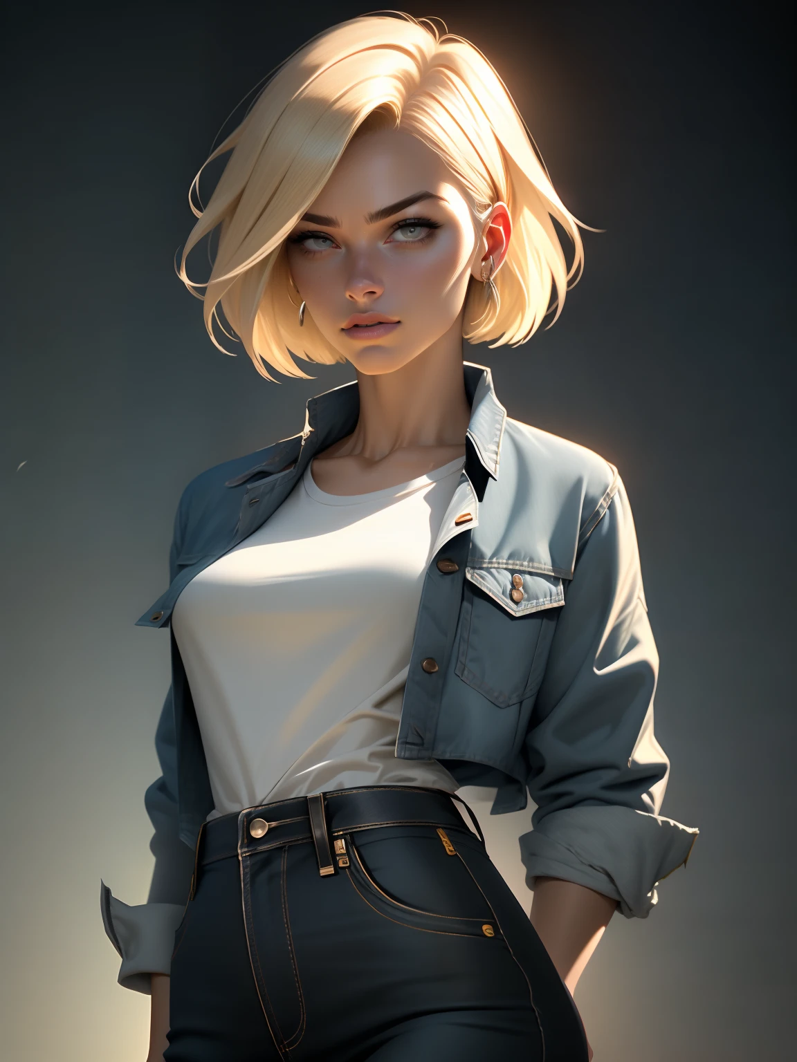 (1girl:1.4), (sfw), (clothed), (masterpiece), illustration,(realistic:1.5), (specular lighting:1.4), (hyperrealistic:1.2), (photorealistic face:1.2), (perfect face), (best quality), (8k), (4k), photorealistic, sharp focus, octane render, best quality, extremely detailed, intricate, hyper detailed, fantasy, soft lighting,(medium breasts:1.4), (skindentation:1.3), android 18 from Dragon Ball, looking down at viewer, after a fight, torn clothes, Android 18, jeans, denim jacket, striped shirt, perfect hands, suspicious face, excited to fight, short blonde bob haircut.
