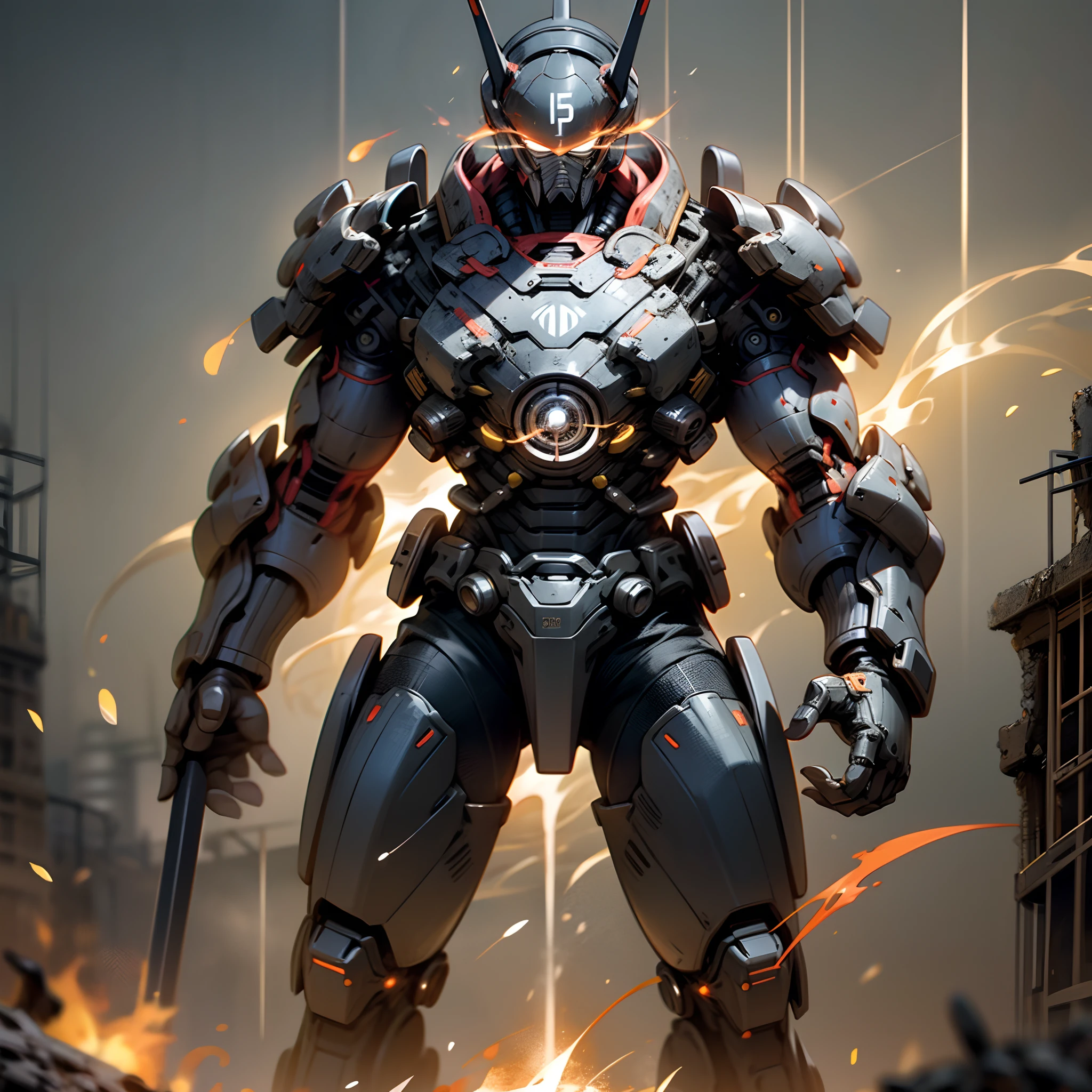 Iron Mon, Superhero, traje negro, futurista, realista, brillante, con armas de fuego, Background Apocalyptic Dark Background Towers, HD, 8k --auto --s2