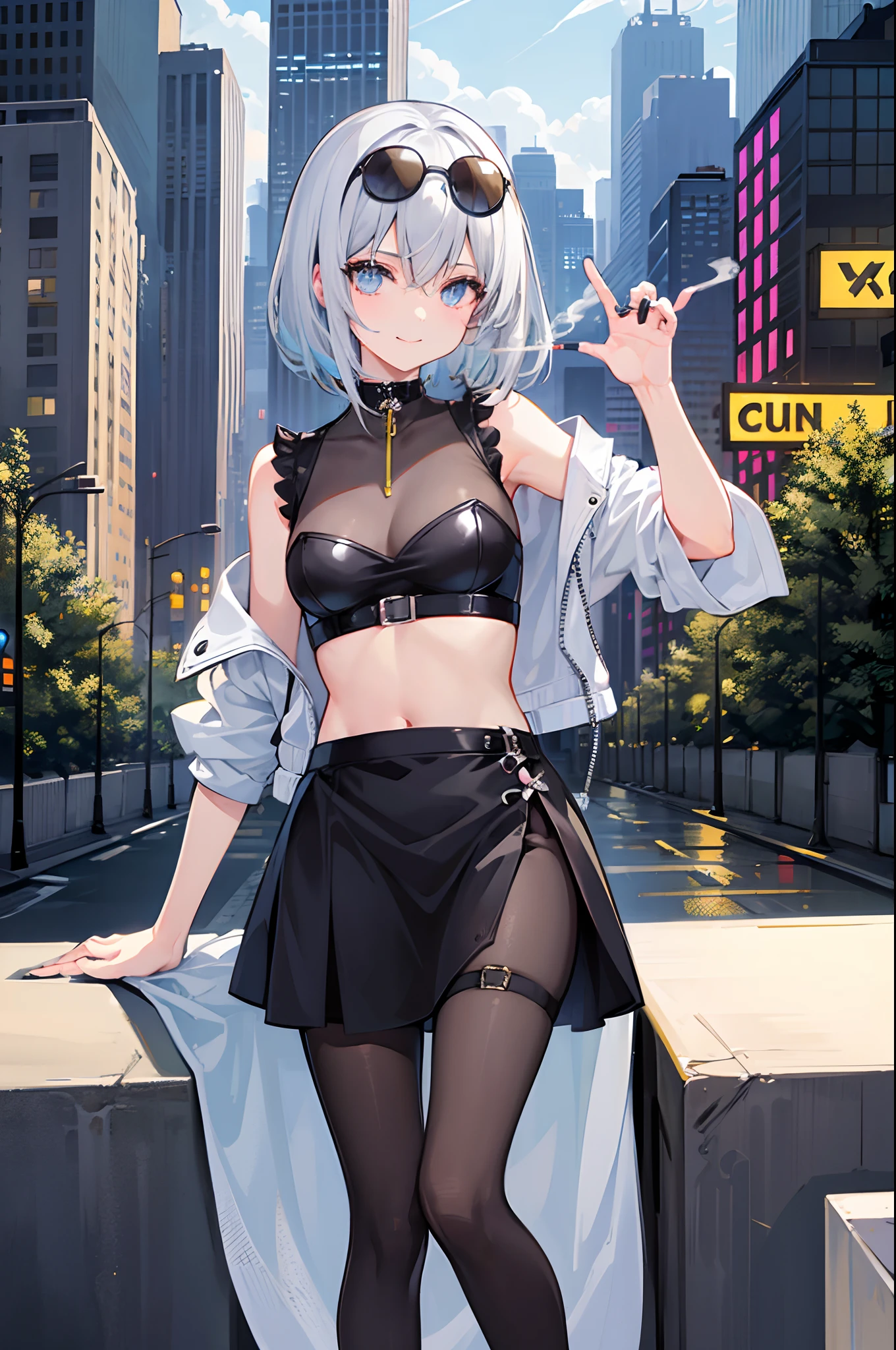 city in background(E-City、Neon Street、Lots of skyscrapers、chee)、one girls(Smoking cigarettes、Wearing sunglasses on your head、Cool One Girl、Lift the sunglasses slightly with your hand、a smile、Short-cut hair、Cute girl s、White cigarette、Eyes showing through sunglasses、pinch a cigarette with one hand、Clean hands、Carefully drawn hands、Five Fingers、Manicure and nails、Cigarette bed、Smoking cigarettes)Composition(look from down、Slightly subtracted composition、The whole picture)