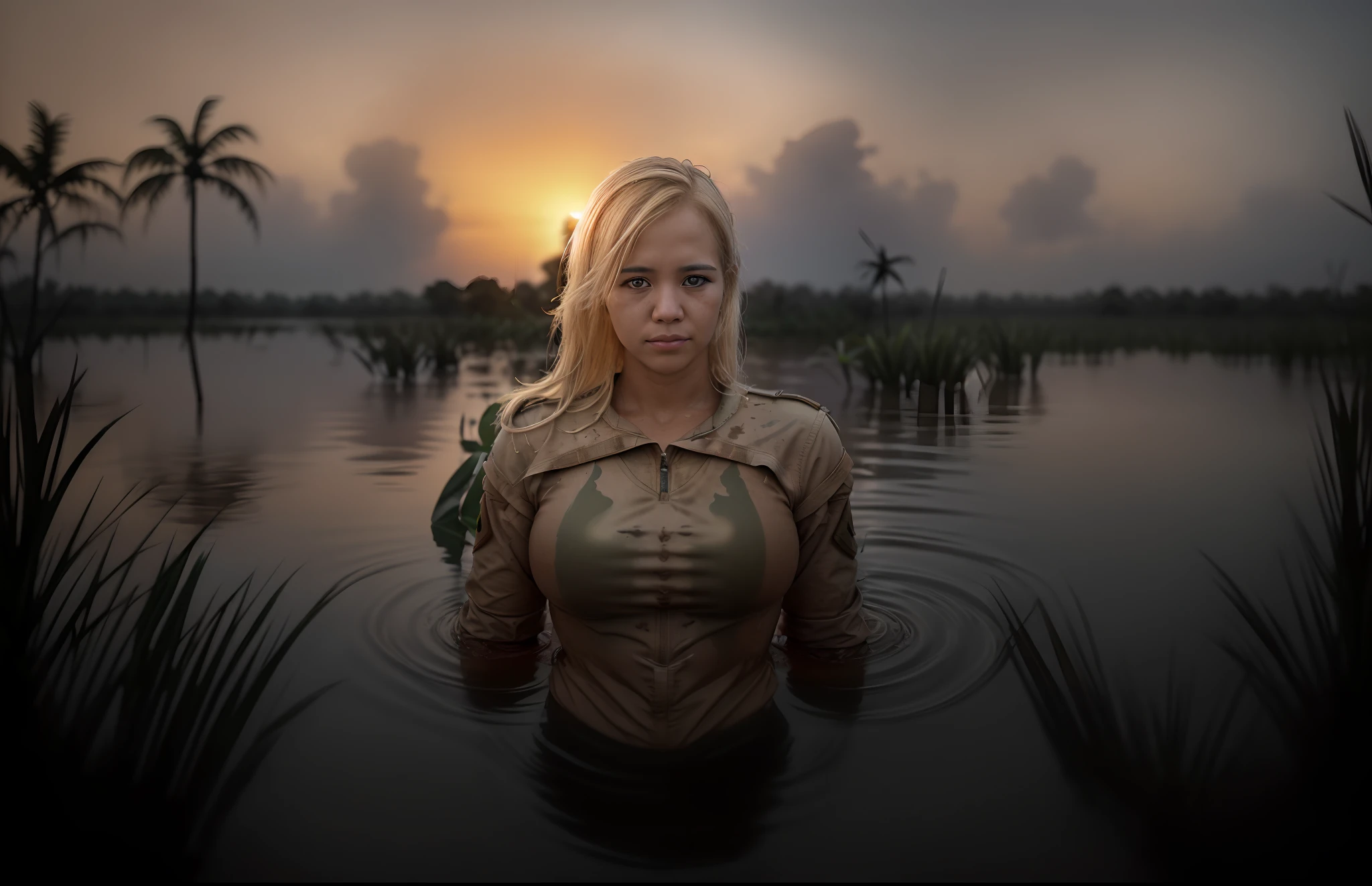 a flooded swamp in the vietnam war, orange sunset sky with (a plane striking with napalm : 1.4) in the background