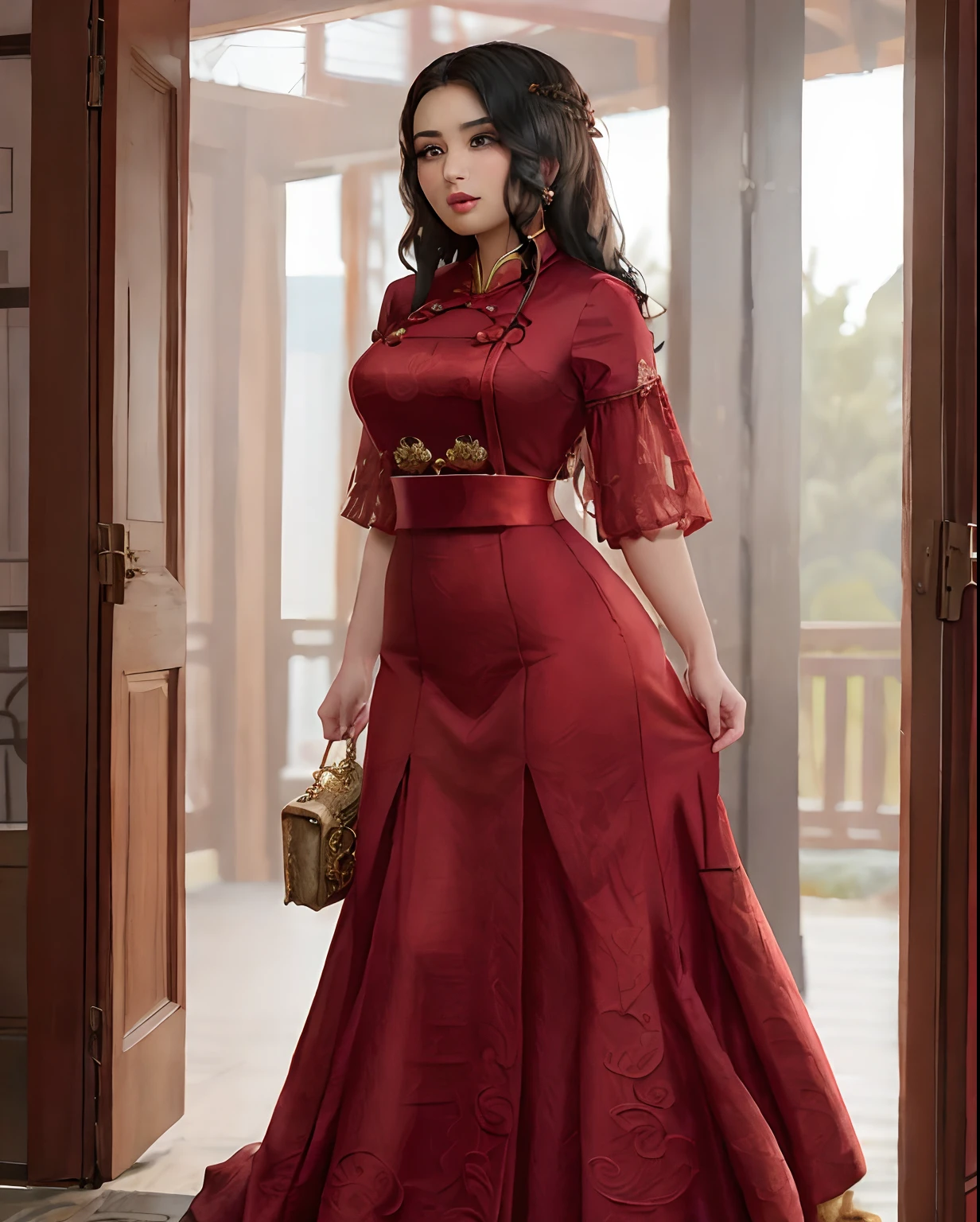 1deidade feminina,sexy mulher madura usando roupa chinesa hunfa estilo wuxia,cabelos longos,cor vermelhos,olhos distintos,voluptuous master of the pill pavilion,seios grandes,roupas femininas negras acentuando seu corpo,mulher de olhar atento,maliciosa e desafiadora,Imposing standing in front of several admirers, mulher desejada, protagonista destemida