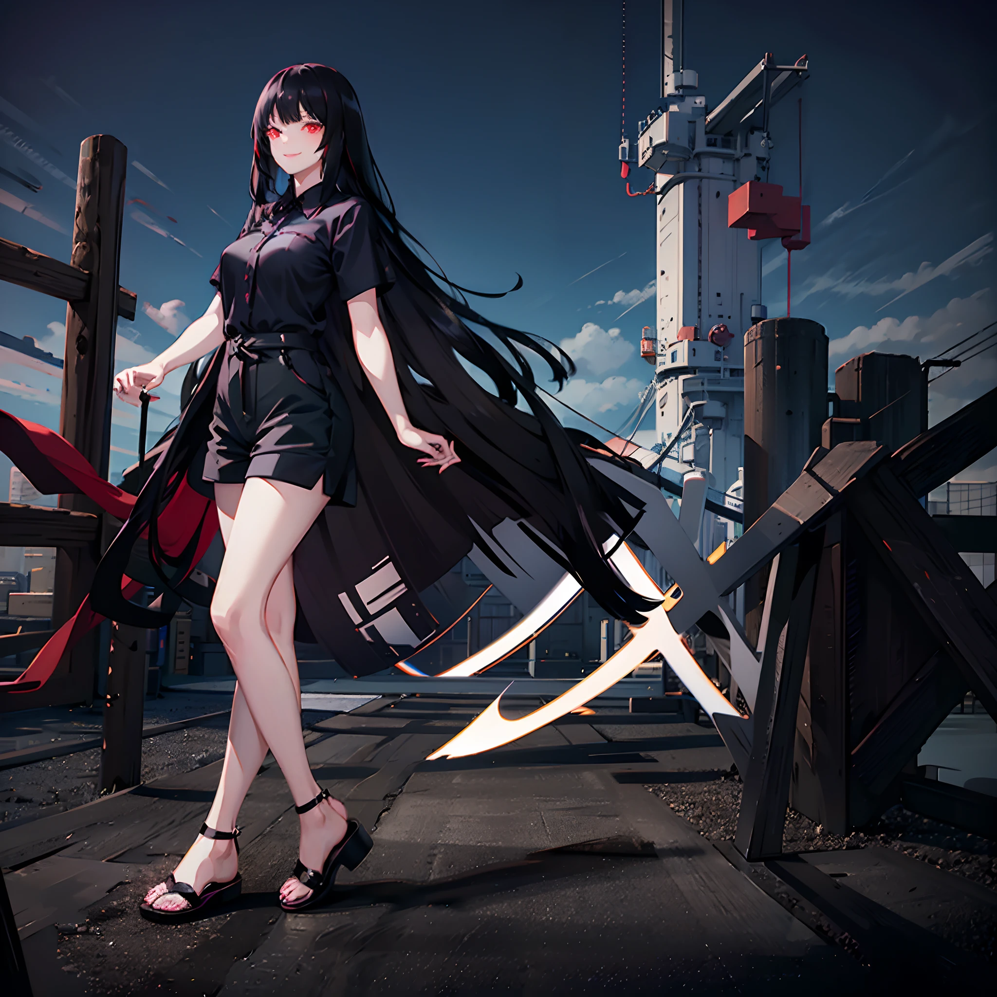 1girl, long black hair, bangs, red eyes, wearing plain black short sleeve shirt, wearing sandals, smiling, shorts, high res, ultrasharp, 8K, masterpiece, looking at viewer