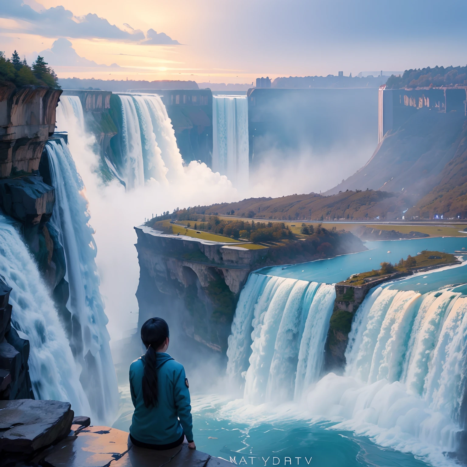Giant waterfall,Niagara Falls,SFFantasyart,超A high resolution,Superb view surrounded by nature,Mysterious scenery,in isekai,planet earth,masterpiece,