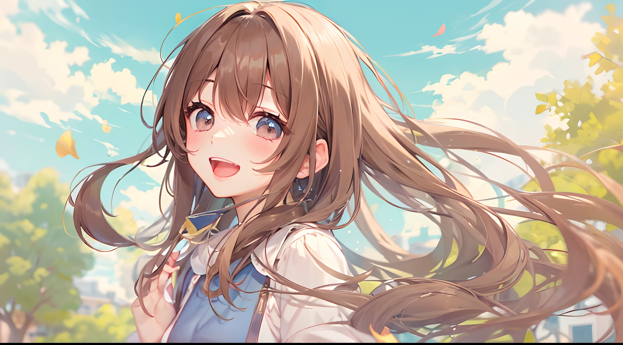 Brown hair、girl with、soio、unclear、Laughing、a park、blue-sky、bustup、Long hair、A delightful