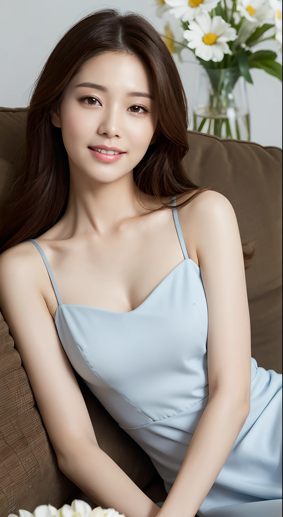 Mature woman:0.5, Best quality, 8K, Masterpiece:1.3, Long dress, Smiling, True skin texture，skin textures，Noise：0.2，Summer, Cloudy, Sunny, flower  sea, sofe, 8K, Dark brown hair, Soft light, com rosto detalhado, Detailed eyes, Double eyelids, Slim face, Blurred background, Photorealistic::1.4