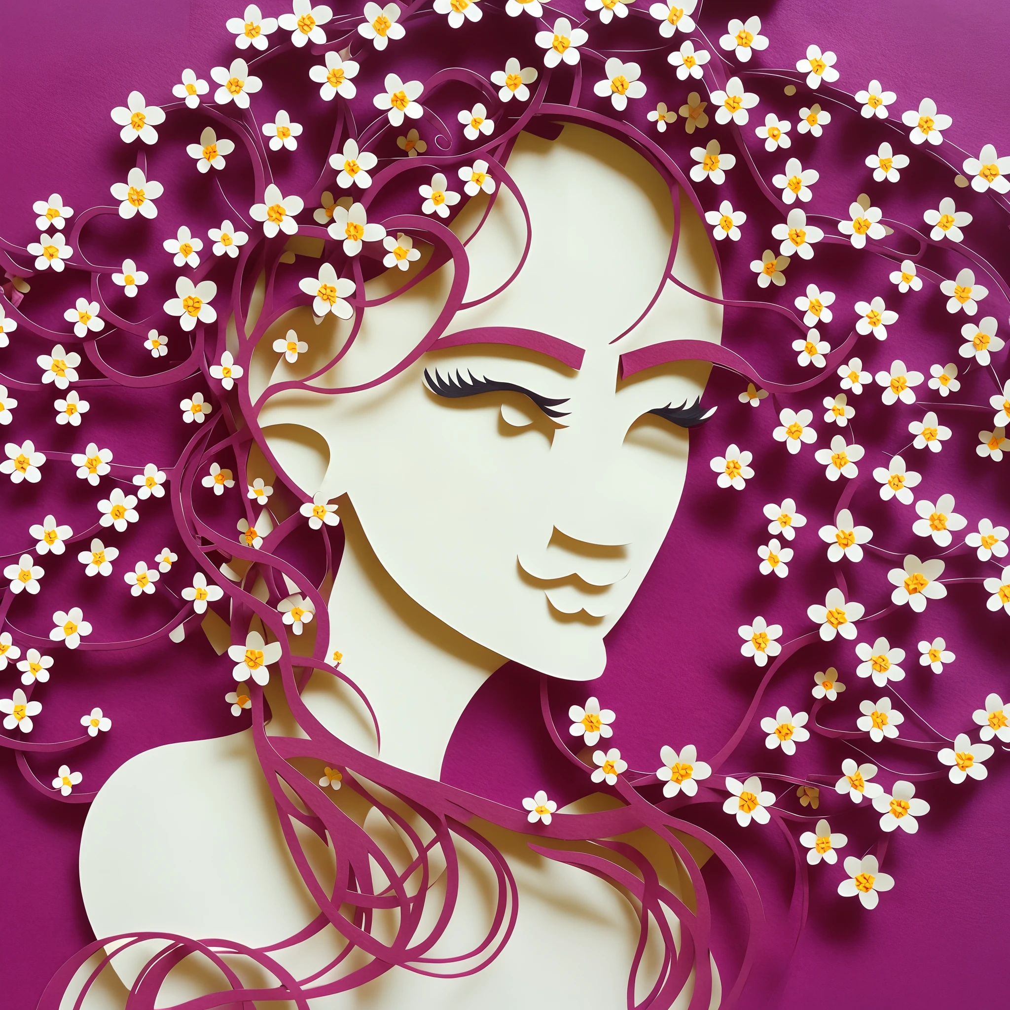 Chinese paper-cutting art, Solid color paper cutout, UHD, anatomically correct, masterpiece, high quality, high details, anatomically correct, super detail，papercutout，A seductive young woman with short twisted braids，Plum blossom background，face focus:1.7