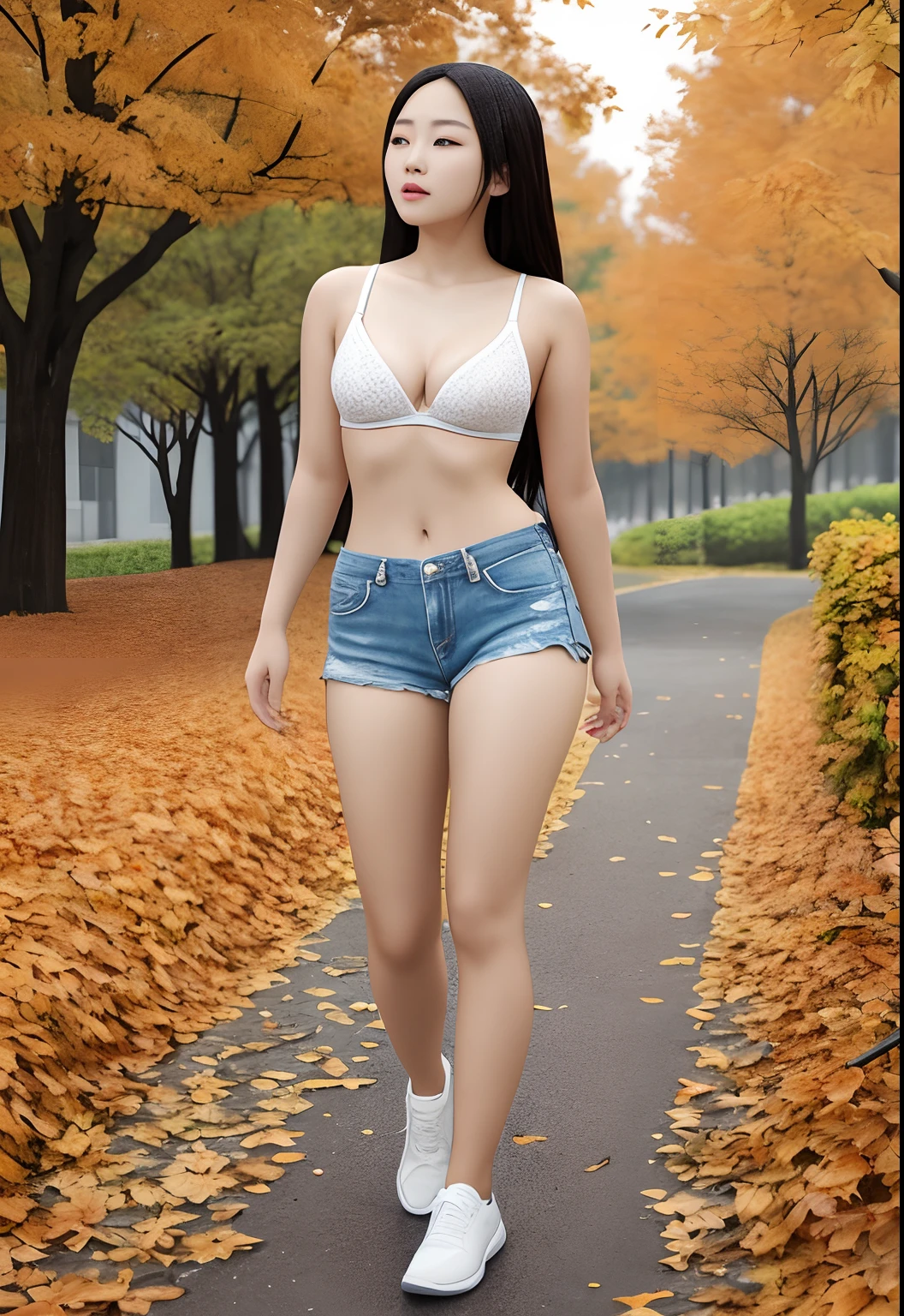 ,Autumn scenery in a dream，rainy,1 A Chinese female college student who looks like Zhang Ziyi, background super high resolution quality,  Full body picture of C cup, Deep V shorts,Fujifilm XT3, Full body photo,high detailed,masterpiece,medium shot, professional color graded, physically-based renderingt, F 2.4, 35mm