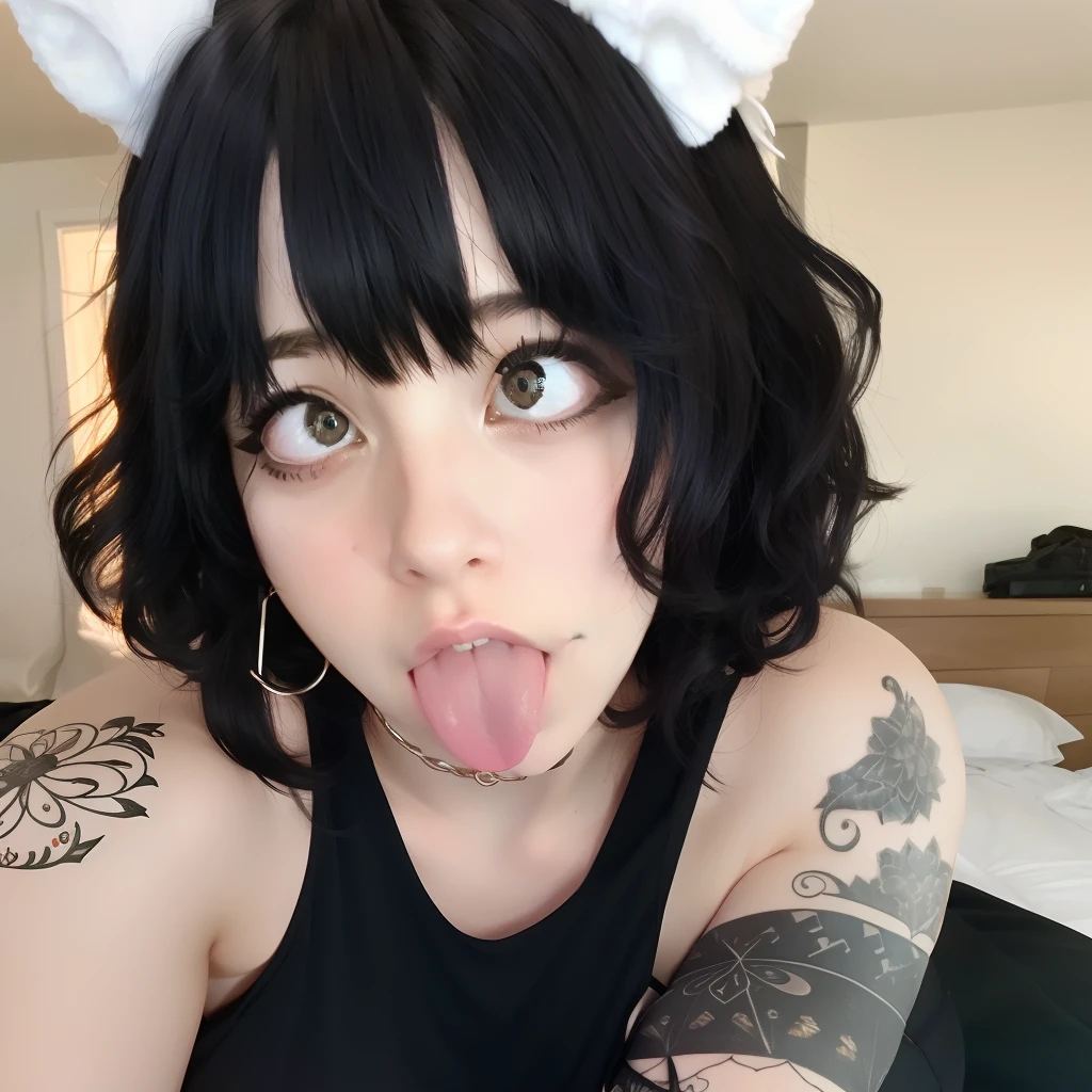 Best quality, masterpiece, super high resolution, (realism: 1.4), tattoos, black curly hair, short hair, pale skin, bedhead, goth, happy, wispy bangs, bunny suit