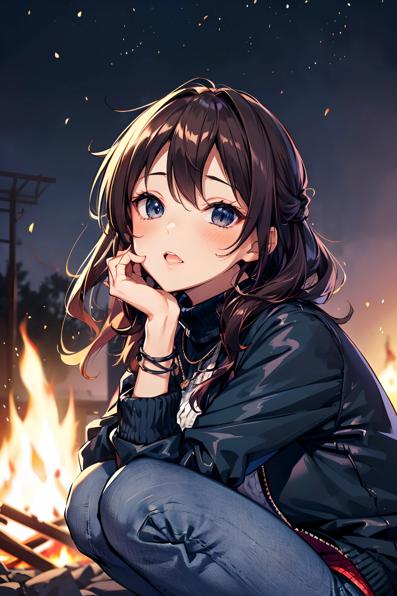 cute anime girl (sitting in front of a bonfire), cozy wallpaper, anime moe artstyle, kantai collection style, 4 k manga wallpaper, anime visual of a cute girl, anime wallaper, anime style 4 k, beautiful anime girl squatting, high quality anime artstyle, (anime girl), 🍁 cute, (wearing turtle neck cable-knit with outdoor jacket, deep navy blue skinny denim:1.3), ((dark chestnut medium short hair:1.25, updo, wavy hair)), outdoor, in a park, (blurry background, bokeh), sunset, (in a night:1.2), ((ultra high resolution, 8K RAW photo, photo realistics:1.2)), textile shading, fine detailed face, beautiful detailed eyes, (looking away, looking up night sky:1.2), (correct anatomy:1.5), (dynamic angle, long frame shot:1.3), from below, from behind,