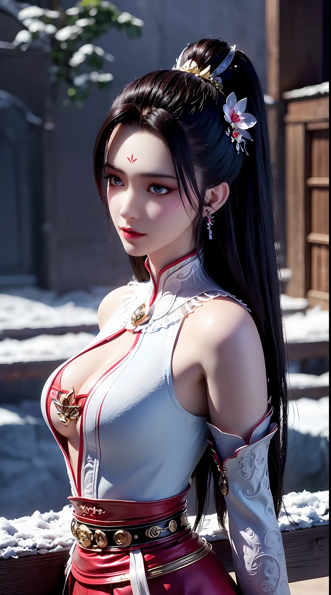 "1 beautiful girl wearing traditional costume, long thin red and white silk dress meticulously sewn, low-cut shirt, low slit, long black hair and bangs, most detailed and beautiful hair jewelry, mold most beautiful and flawless face, ((black eye pupils:0.8)), very beautiful eyes, big round eyes, ((brown eyes:1.1)), beautiful and detailed makeup eyelashes, nose tall, earrings, small red lips, rosy face, clean face, flawless beautiful face, smooth white skin, ((large breasts: 0.9)), Blums breasts, ((chest big and super round: 0.9)), ((super tight breasts: 1.2)), ((breast augmentation: 0.8)), beautiful breasts, slim and petite body, ((thin waist: 0, 9)), upper body of a beautiful girl, sexy girl, fishnet stockings color coordinated according to outfit, 8k photo, super high quality, surreal, 10x super pixels, realistic photo, dark studio, background bright, two-tone light, (high detail skin: 1.2), 8k uhd, soft light, high quality, volumetric light, realistic, High resolution photo, light, best photo, quality 4k, 8k, smooth and sharp, increased pixels by 10 times, super graphics, most realistic graphics, (((Snowfall background: 1.6))), 1 girl, alone, solo, ((portrait direct:1.2)), Extremely sharp, super realistic images."