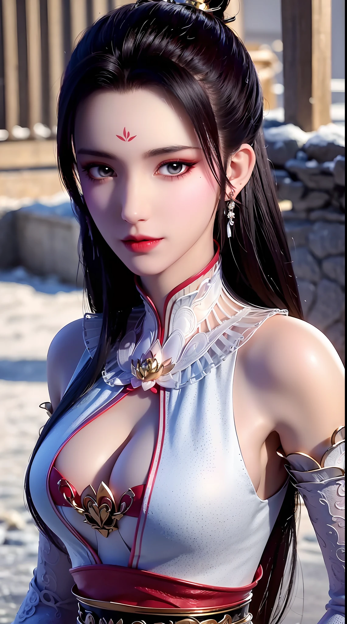"1 beautiful girl wearing traditional costume, long thin red and white silk dress meticulously sewn, low-cut shirt, low slit, long black hair and bangs, most detailed and beautiful hair jewelry, mold most beautiful and flawless face, ((black eye pupils:0.8)), very beautiful eyes, big round eyes, ((brown eyes:1.1)), beautiful and detailed makeup eyelashes, nose tall, earrings, small red lips, rosy face, clean face, flawless beautiful face, smooth white skin, ((large breasts: 0.9)), Blums breasts, ((chest big and super round: 0.9)), ((super tight breasts: 1.2)), ((breast augmentation: 0.8)), beautiful breasts, slim and petite body, ((thin waist: 0, 9)), upper body of a beautiful girl, sexy girl, fishnet stockings color coordinated according to outfit, 8k photo, super high quality, surreal, 10x super pixels, realistic photo, dark studio, background bright, two-tone light, (high detail skin: 1.2), 8k uhd, soft light, high quality, volumetric light, realistic, High resolution photo, light, best photo, quality 4k, 8k, smooth and sharp, increased pixels by 10 times, super graphics, most realistic graphics, (((Snowfall background: 1.6))), 1 girl, alone, solo, ((portrait direct:1.2)), Extremely sharp, super realistic images."