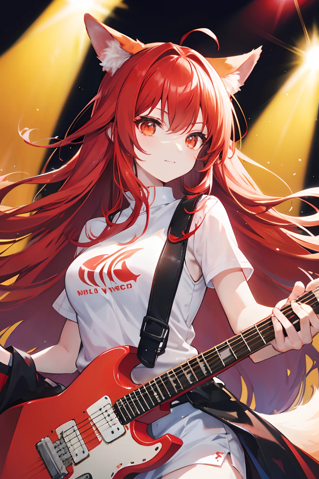 Red long-haired,Red fox ears,idoly,stage,electric guitar