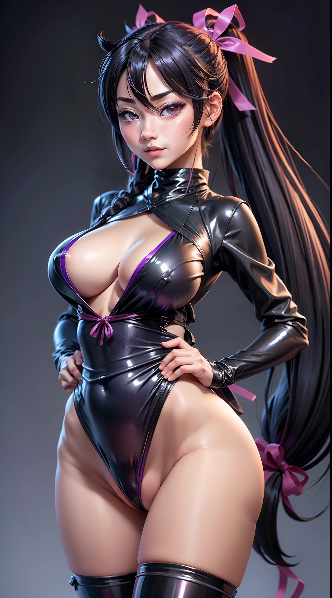 1girl, ((Shigure Kōsaka)), (Kenichi anime Waifu), solo, long hair, ponyTail hair, , , , big cleavage, perfect  , looking at viewer, blue background, black hair, simple background, two side up, turtleneck, blue eyes, lips, luring smile, slightly  aroused, voyeurism, upper body, black ribbon, mini pink kimono suit, use her katana, white trasparent panties, panties insert in the croch, (perfect ), twintails, nose, legs, , seductive pose, purple  transparent latex highg stokings.