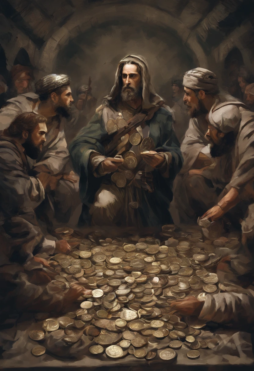 ELABORATE AN IMAGE OF JUDAS WITH SILVER COINS IN HAND JOINT OF LEADING JEWISH SOLDIERS