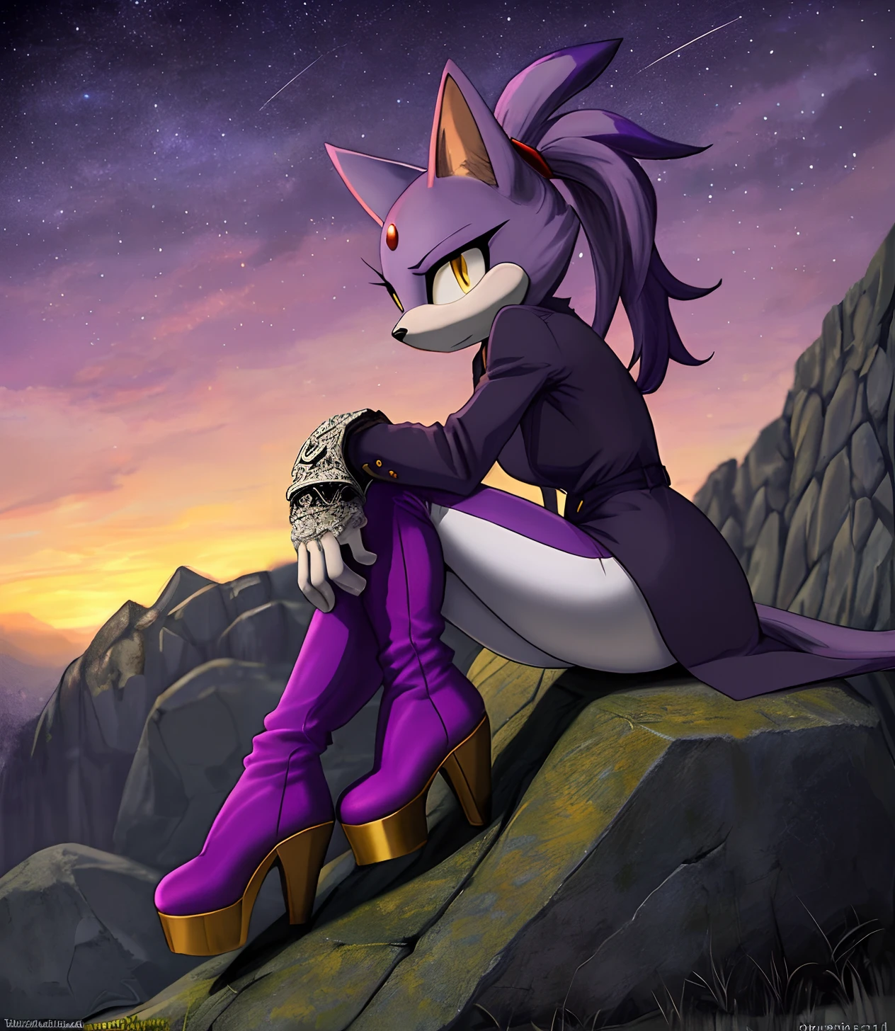 [Blaze the Cat], [Uploaded to e621.net; (Pixelsketcher), (twistedterra), (napalm_express)], ((masterpiece)), ((HD)), ((High quality)), ((solo portrait)), ((side view)), ((full body)), ((detailed fur)), ((detailed shading)), ((beautiful render art)), ((intricate details)), {anthro cat, (light purple fur), black nose, cat ears, beautiful yellow eyes, red diamond on forehead, purple highlights, ponytail, hair tie, long tail, (curvy hips), (beautiful legs), (expressionless)}, {(purple trench coat), (white leggings), (red high heel boots)}, {(sitting on stone wall), (hand on thighs)}, [background; (grass plains), (sunset), (starry sky)]