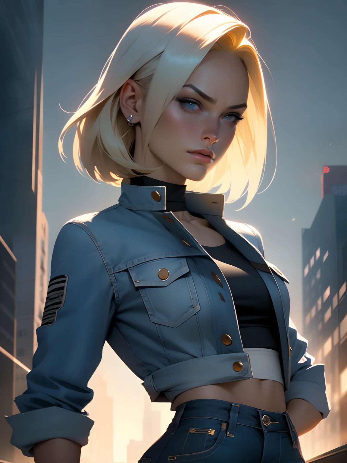 (1girl:1.4), (sfw), (clothed), (masterpiece), illustration,(realistic:1.5), (specular lighting:1.4), (hyperrealistic:1.2), (photorealistic face:1.2), (perfect face), (best quality), (8k), (4k), photorealistic, sharp focus, octane render, best quality, extremely detailed, intricate, hyper detailed, fantasy, soft lighting,(medium breasts:1.4), (skindentation:1.3), android 18 from Dragon Ball, looking down at viewer, after a fight, torn clothes, Android 18, tight blue jeans, perfect body, denim jacket, shirt with horizontal stripes, perfect hands, suspicious face, excited to fight, short blonde bob haircut, destroyed city in the background
