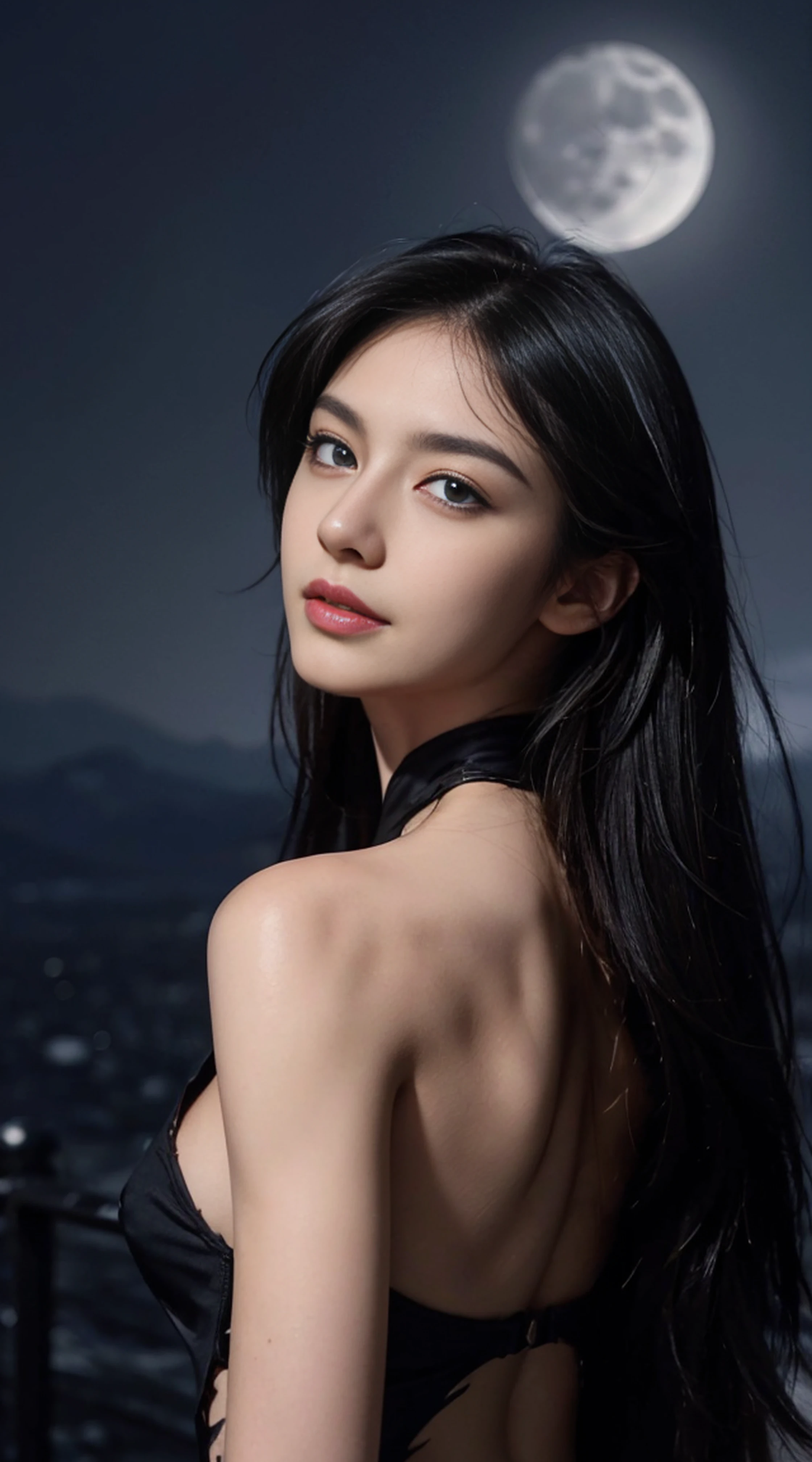 8K, Top Quality, Intricate Details, Ultra Detail, Ultra High Resolution, Masterpiece, looking away , Slender, Smile, (Makeup: 0.4), (Fluffy Blue Eyes: 1.21), blue Eyes,, ((full body)), 1girl, solo, 1 girl, (( full body)), shot from behind, close-up shot, standing , , ((tall)), (((fit body))), (((slim face))), sharp face, sharp eyes,(((blue hair, extra long hair , )) (detailed face), sharp face, small lips, thin lips,
(( naked )), detailed face, detailed breast, , large breast, detail, , Beautiful girl with accentuated slender abs: 1.4, Six Pack Abs: 1.4, Bust Botox, Big, Perfect Body, detail leg, (( moonlight)), cloudy, top of mountain