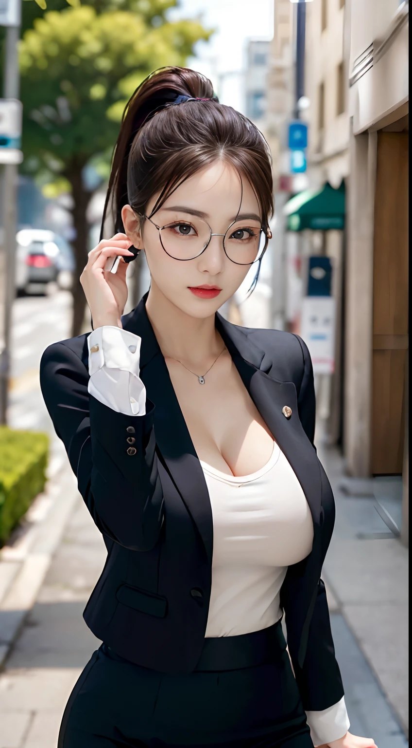 (((Saleslady、Young office lady woman wearing silver glasses、Recruit Style Women、Woman in black jacket and black tight skirt)))、((top-quality:1.4、8K、32K、nffsw:1.3))、(unparalleled masterpiece ever)、(Photorealsitic:1.4)、Real 1.2、((Raw photography、真实感:1.6))、1girl in、Women in Japan、perfectly proportions、(((Recruit Style、Wearing a black business suit、white  shirt、a black skirt)))、Facing the camera、dynamicposes、dynamic ungle、Elegant long tight skirt、(Largest big breasts:1.9、Colossal tits:1.9,,,,、Colossal tits:1.9,,,,、slender abdomen、Lower body slender)、ulzzang -6500-v1.1、Woman in her 20s、hyperdetailed face、A detailed eye、with round face、Detailed iris、二重まぶた、Thin eyebrows、(cabelos preto e longos、High Up Ponytail)、Red Rouge、high-heels、photon maping、detailed skin textures、Downtown、Street