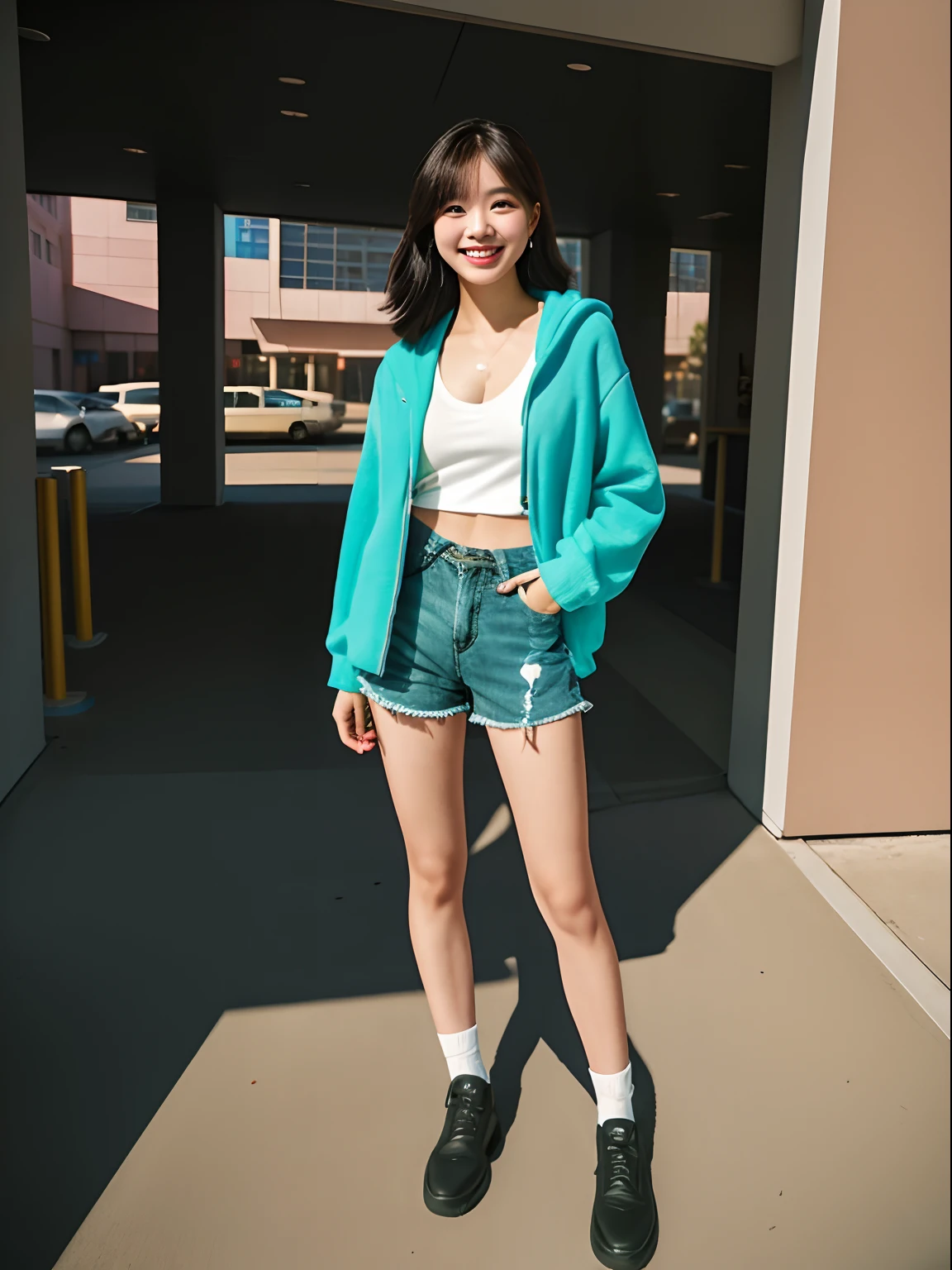 Fantastic wasteland scene,1 smile Female college student, background super high resolution quality,  Full body picture of C cup, Deep V shorts,Fujifilm XT3, high detal,Masterpiece,Medium shot, professional color graded, physically-based renderingt, F 2.4, 35mm