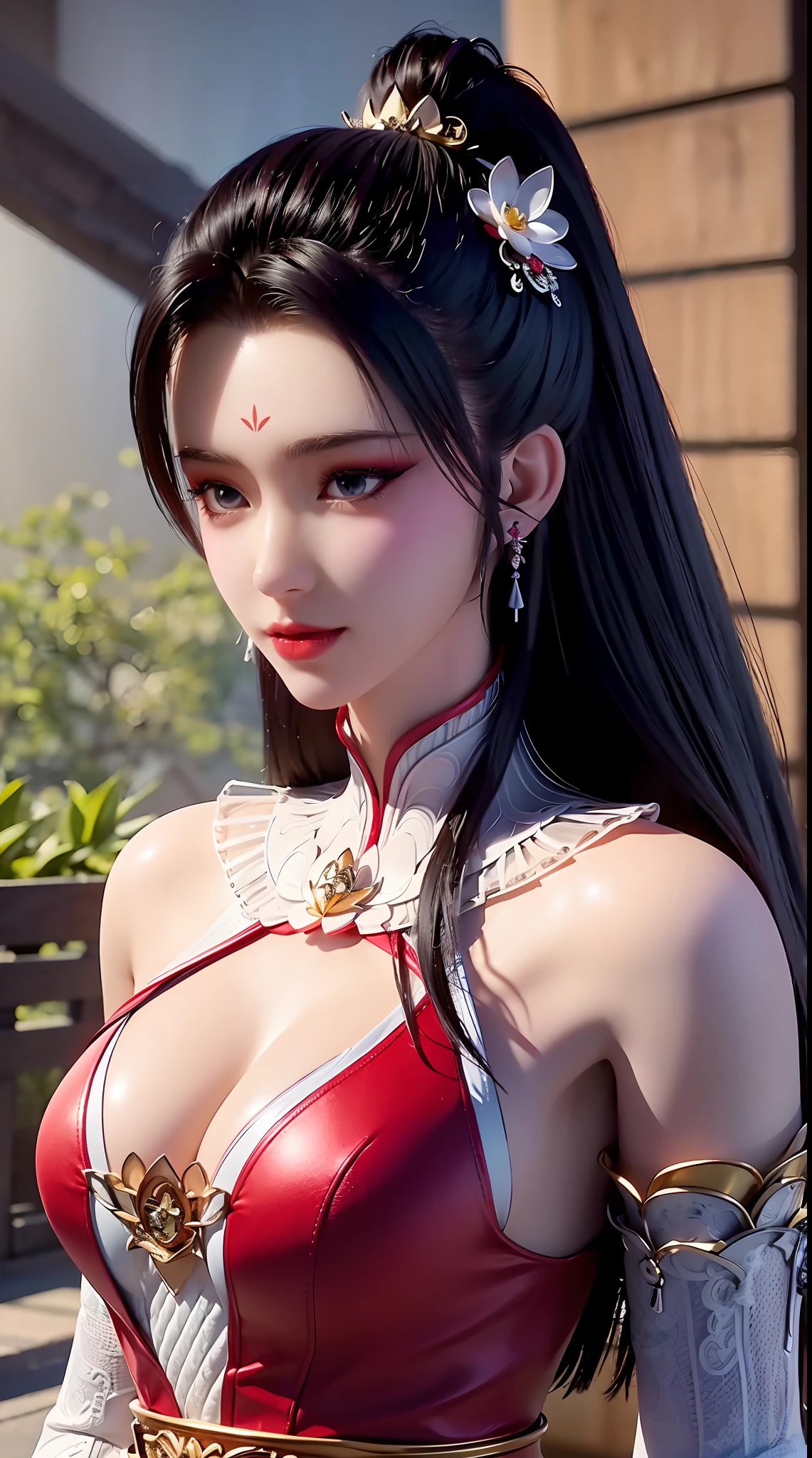 "1 beautiful girl wearing traditional costume, long thin red and white silk dress meticulously sewn, low-cut shirt, low slit, long black hair and bangs, most detailed and beautiful hair jewelry, mold most beautiful and flawless face, ((black eye pupils:0.8)), very beautiful eyes, big round eyes, ((red brown eyes:1.1)), beautiful and detailed makeup eyelashes, nose tall, earrings, small red lips, rosy face, clean face, flawless beautiful face, smooth white skin, ((large breasts: 0.9)), Blums breasts, ((chest big and super round: 0.9)), ((super tight breasts: 1.2)), ((breast augmentation: 0.8)), beautiful breasts, slim and petite body, ((thin waist: 0, 9)), upper body of a beautiful girl, sexy girl, fishnet stockings color coordinated according to outfit, 8k photo, super high quality, surreal, 10x super pixels, realistic photo, dark studio, background bright, two-tone light, (high detail skin: 1.2), 8k uhd, soft light, high quality, volumetric light, realistic, High resolution photo, light, best photo, quality 4k, 8k, smooth and sharp, increased pixels by 10 times, super graphics, most realistic graphics, (((Snowfall background: 1.6))), 1 girl, alone, solo, ((portrait direct:1.2)), Extremely sharp, super realistic images."