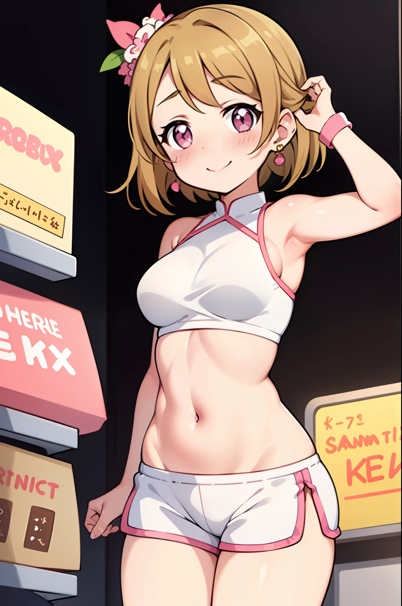 koizumi_hanayo,pink Crop top, white tight shorts,sweaty,red face,blunt hair,curvy body, standing in supermarket , exposed armpits, smile, exposed side breasts, earrings,chibi