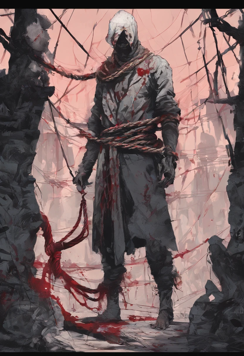 Man with the rope around his neck and all bleeding