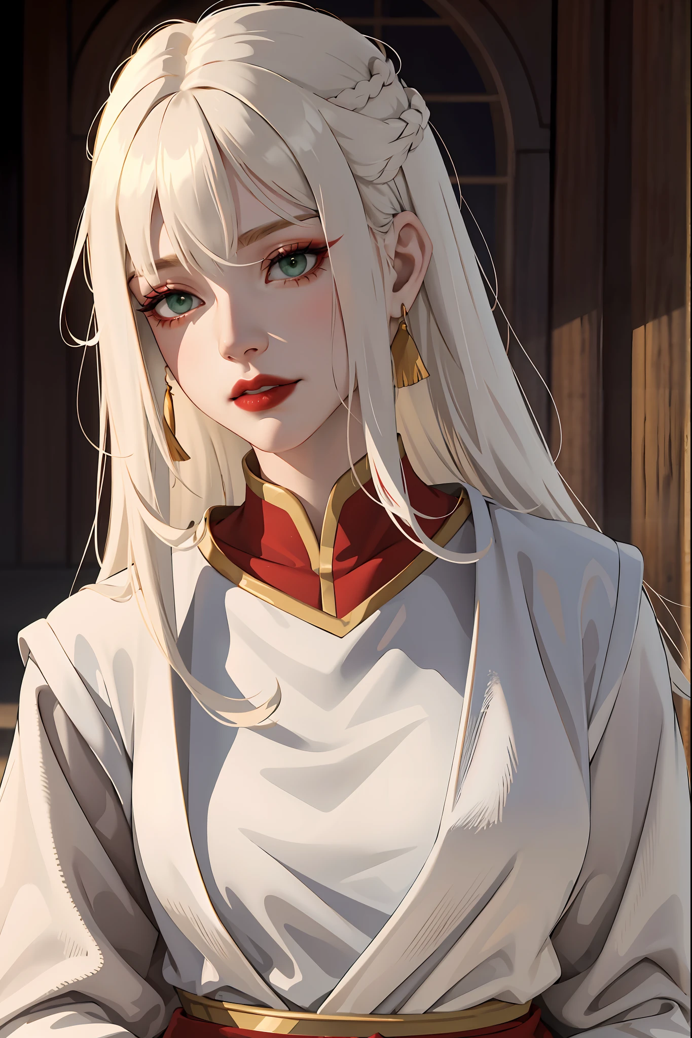 (masterpiece:1.2, best quality), (real picture, intricate details), 1lady, solo, upper body, casual, long hair, heavy makeup, white face, red lipstick, red eyeshadow, natural fabrics, close-up face, serious, warrior, female warrior, armour, really long light platinum blonde hair, platinum blonde voluminous hair, cute bangs, hair bangs, bangs between eyes, soft bangs on forehead, green eyes, mature face, 1female, 1woman, 1beautiful girl, Kyoshi uniform, Kyoshi makeup, Kyoshi Warrior (Avatar the Last Airbender)