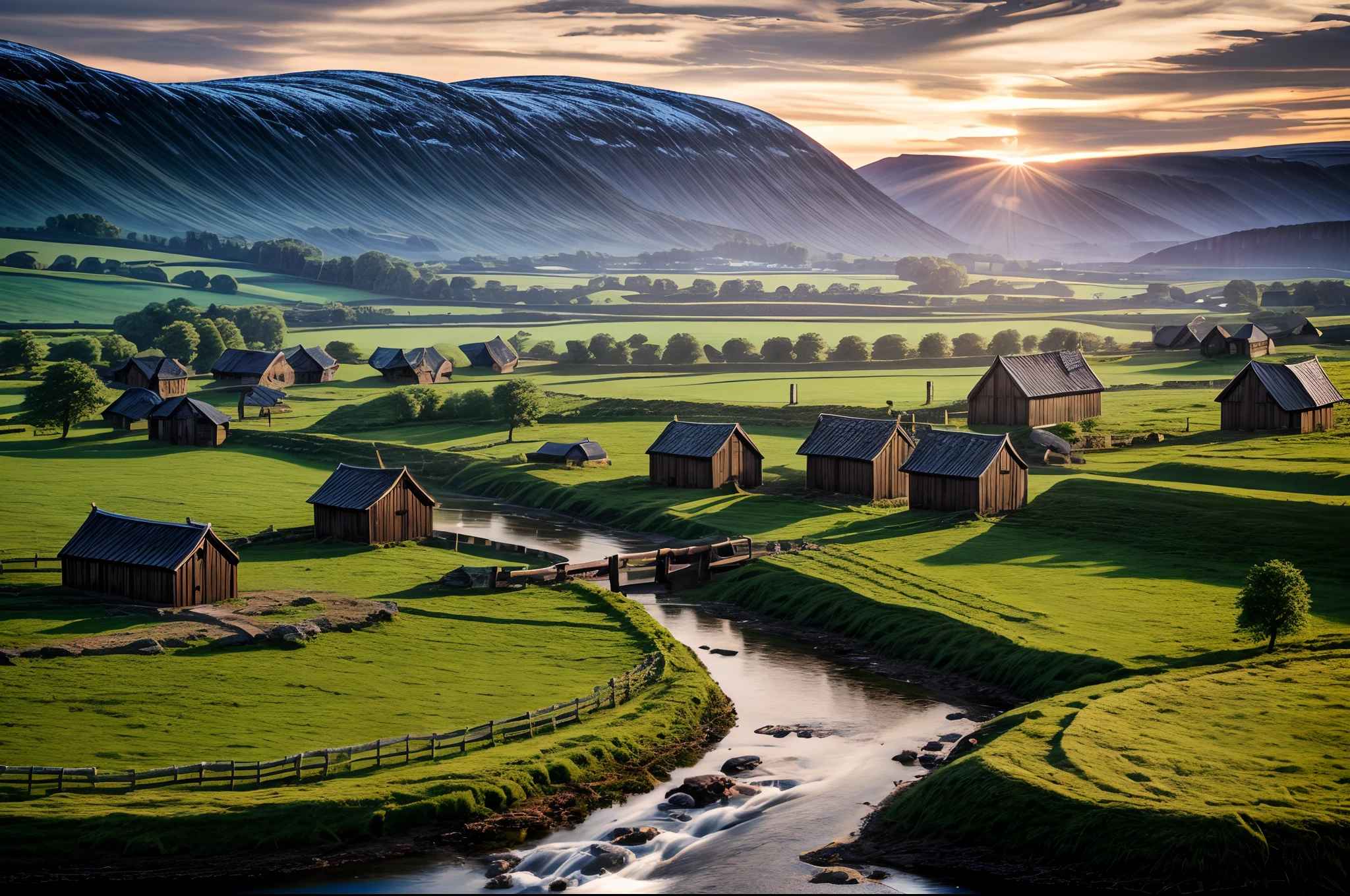 A beautyfull landscape with old houses in viking style with fields nad cattles and small river, photography, photorealistic, high res, 4k, 8k , highly detailed and sharp focus, stunningly beautiful, cinematic lighting, dusk, sunshine visalbe rays, oclusion