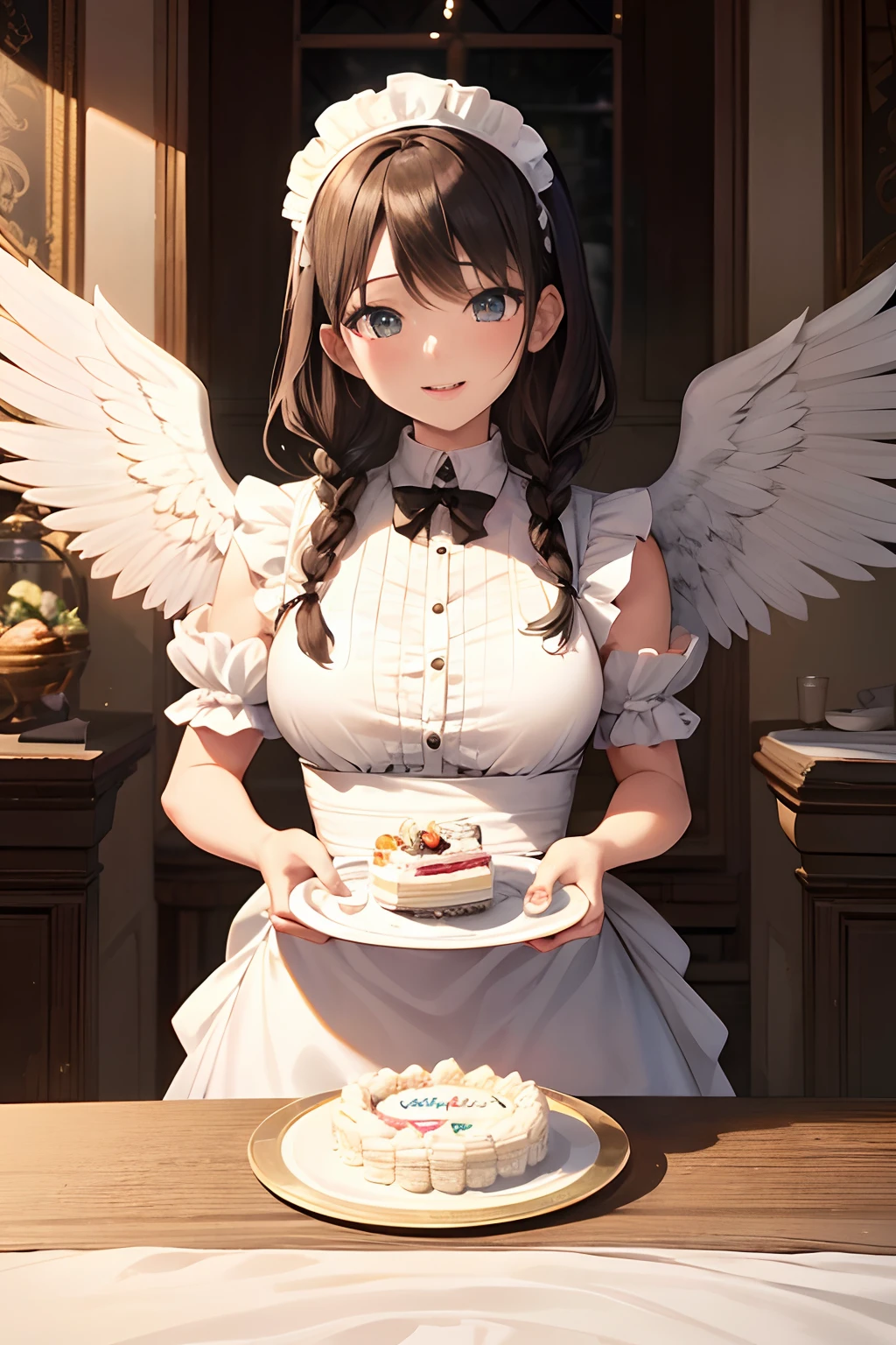 {{{{{masutepiece,Best Quality,ultra-detailliert,8K,}}}}},Happy laughter,1 woman,Beautiful eyes,Cute face,Beautiful braid hairstyle,Beautiful maid clothes with long skirts,Angel wings on the back,Walking,There is a cute cake on the tray,Beautiful sepia café background,