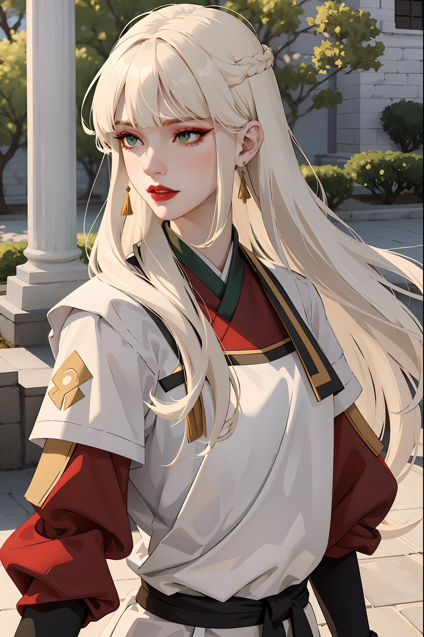 (masterpiece:1.2, best quality), (real picture, intricate details), 1lady, solo, upper body, casual, long hair, heavy makeup, white face, red lipstick, red eyeshadow, natural fabrics, close-up face, serious, warrior, female warrior, armour, really long light platinum blonde hair, platinum blonde voluminous hair, cute bangs, hair bangs, bangs between eyes, soft bangs on forehead, green eyes, mature face, 1female, 1woman, 1beautiful girl, Kyoshi uniform, Kyoshi makeup, Kyoshi Warrior (Avatar the Last Airbender)