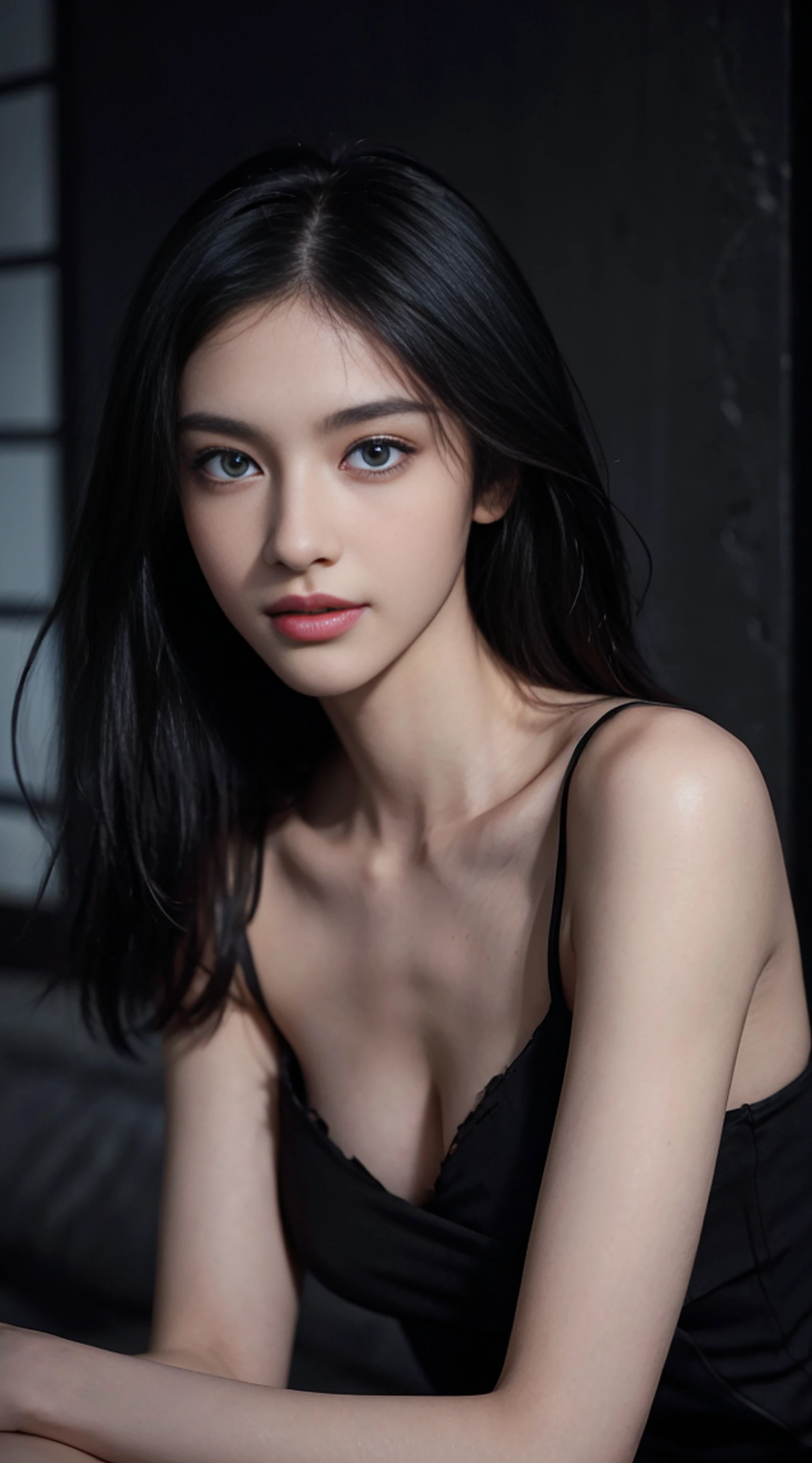 8K, Top Quality, Intricate Details, Ultra Detail, Ultra High Resolution, Masterpiece, random angle,  Slender, Smile, (Makeup: 0.4), (Fluffy Blue Eyes: 1.21), blue Eyes,, ((full body)), 1girl, solo, 1 girl, (( full body)),  close-up shot,  , , ((tall)), (((fit body))), (((slim face))), sharp face, sharp eyes, (((black hair, long hair, ))  ,(detailed face), sharp face, small lips, thin lips, Holding a gunblade,
 (( torn suits, ripped suits )),  detailed face, detailed breast, , large breast, detail, , Beautiful girl with accentuated slender abs: 1.4, Six Pack Abs: 1.4, Bust Botox, Big, Perfect Body, detail leg, (( moonlight)), top of mountain