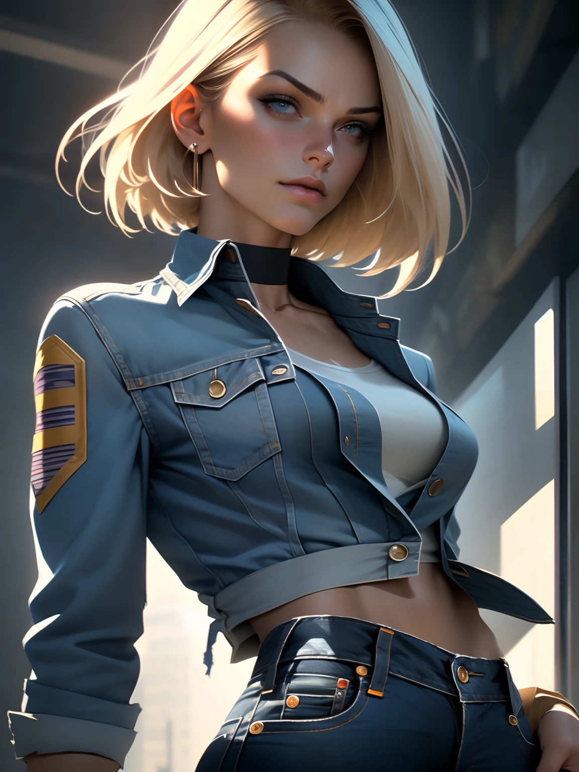 (1girl:1.4), (sfw), (clothed), (masterpiece), illustration,(realistic:1.5), (specular lighting:1.4), (hyperrealistic:1.2), (photorealistic face:1.2), (perfect face), (best quality), (8k), (4k), photorealistic, sharp focus, octane render, best quality, extremely detailed, intricate, hyper detailed, fantasy, soft lighting,(medium breasts:1.4), (skindentation:1.3), android 18 from Dragon Ball, looking down at viewer, after a fight, torn clothes, Android 18, tight blue jeans, perfect body, denim jacket, shirt with horizontal stripes, perfect hands, suspicious face, excited to fight, short blonde bob haircut, destroyed city in the background, one fist up in guard