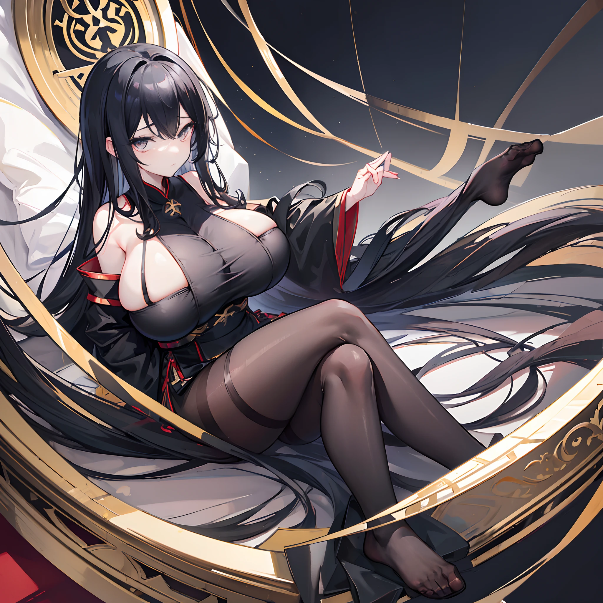 Solo,legs are open,(gigantic breasts:1.5),Grim expression,Long black hair,Black colored eyes,Black pantyhose,Oily pantyhose,No shoes,Black Hanfu,sitting on an royal throne,Below the eyelids,Bottom-up view,royal palace interior,Feet on the white carpet