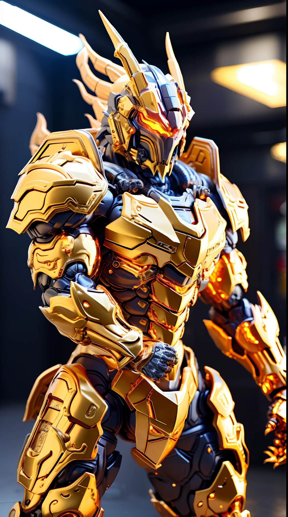 GOLD DRAGON MECHA HEAVY ARMOR, TRANSPARANT, MUSCLE BODY.