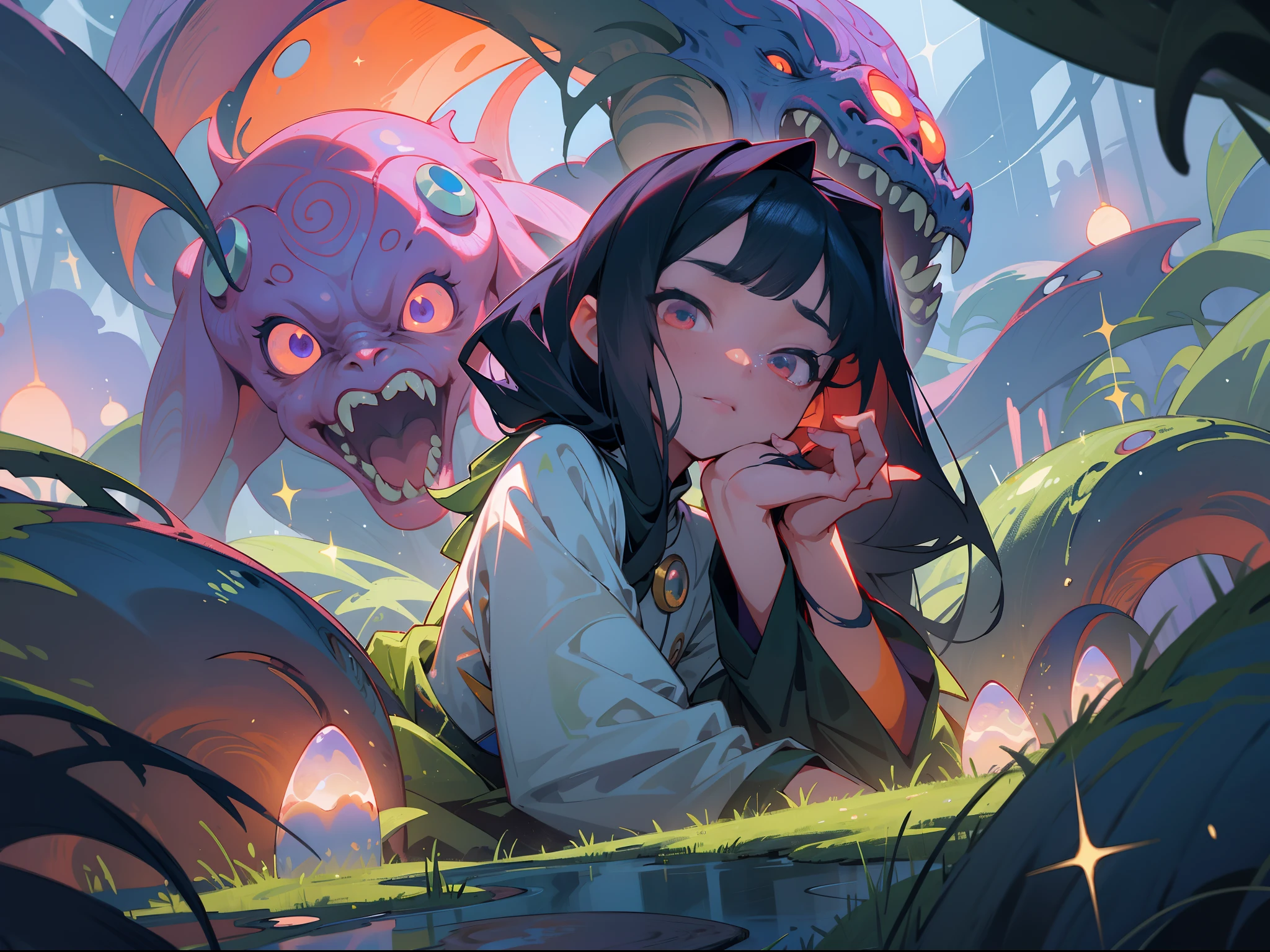 tmasterpiece，Best quality at best，highly details, Ultra-detailed 8K， 超高分辨率，kosmos，starlights，Huge algae，Cthulhu，tentaculata，starrysky，black hole，Bask in starlight，perfect compositions，red color eyes，Black and blue-violet，Faraway view