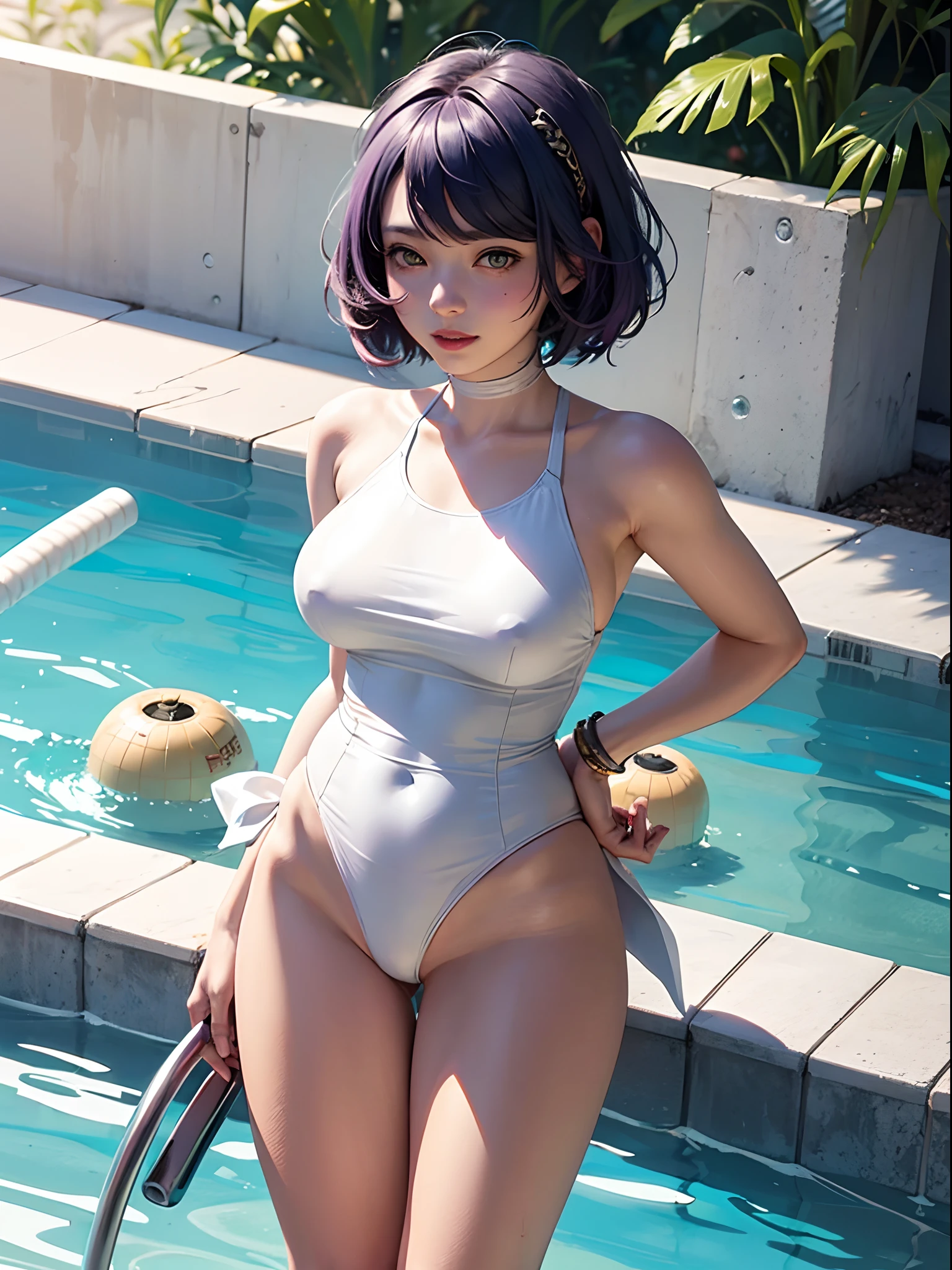 Kujou sara,(((white swimsuit))), extremely detailed,(( thong))),grinning, realistic anime, wide hips, 20 year old woman,((( Standing))), purple hairs, (((pool)))