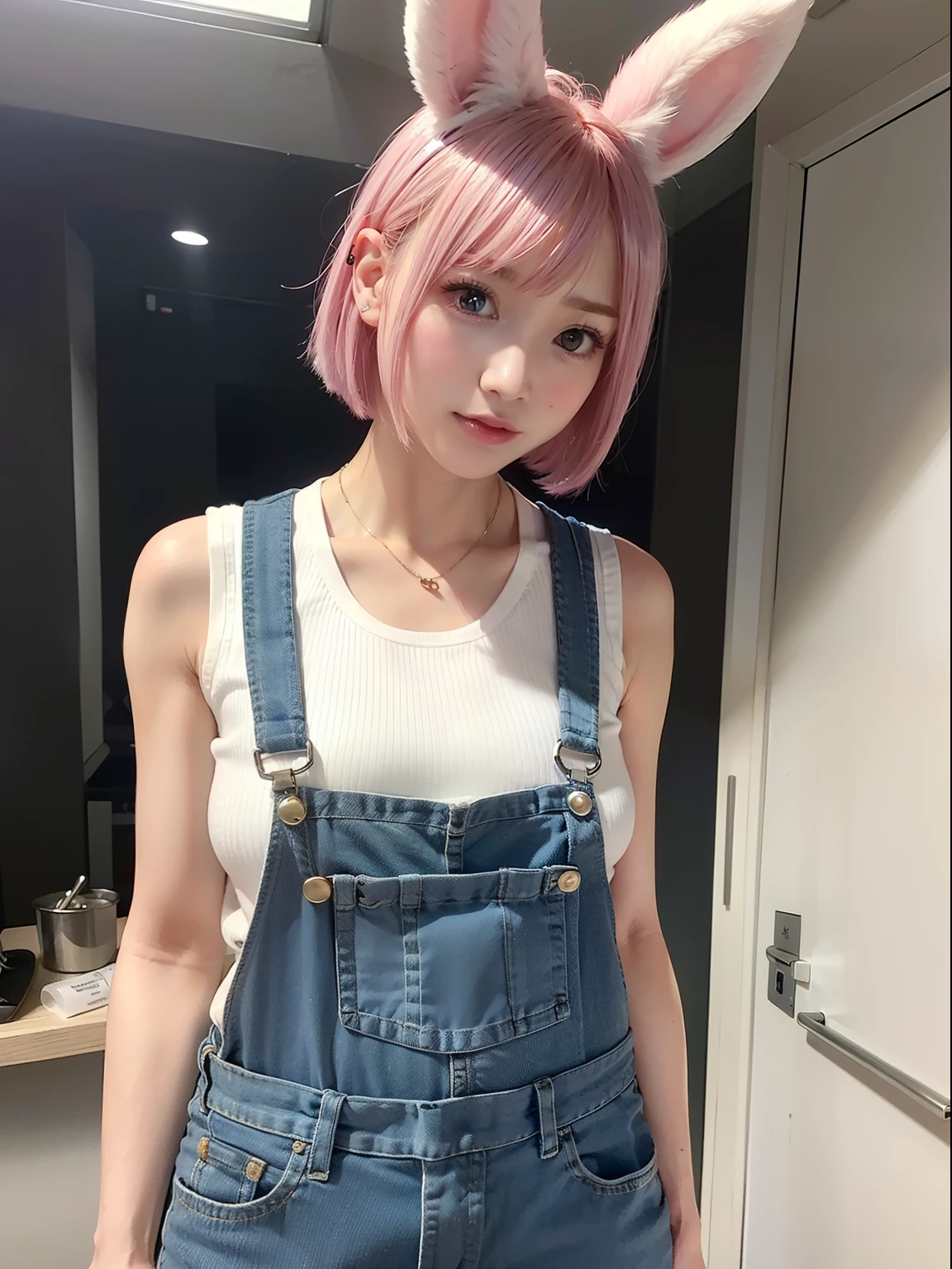 White tank top、Overalls in jeans articles、Construction site workers、lunch、Pink Shortcut Bob、Realistic rabbit ears、Realistic ears of rabbits sticking out of the head、Pink hair、Bewitching atmosphere、Beautiful shaped hands、K-POP、Pink rabbit ears、1 girl in、独奏、​masterpiece、top-quality、realisitic、Hyper-detailing、(Glossy skin:1.4)、absurderes、short pink hair、Slender beauties、动态照明、hight resolution、foco nítido、depth of fields、(thick thight:1.0)、A slender :1.2、((Short-cut bob hair))、((k pop:1.3))、Highly detailed facial and skin texture、((魅惑的))、Anatomically correct number of fingers、Correct anatomy、